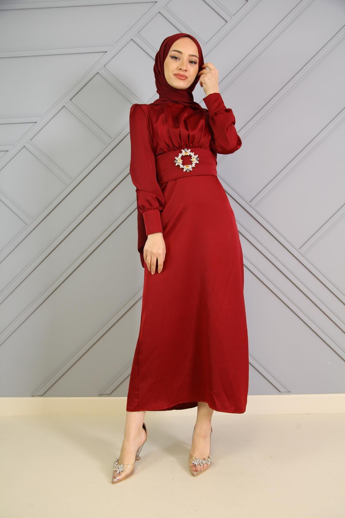 Şule Giyim Kuşaklı Hewes Elbise Bordo