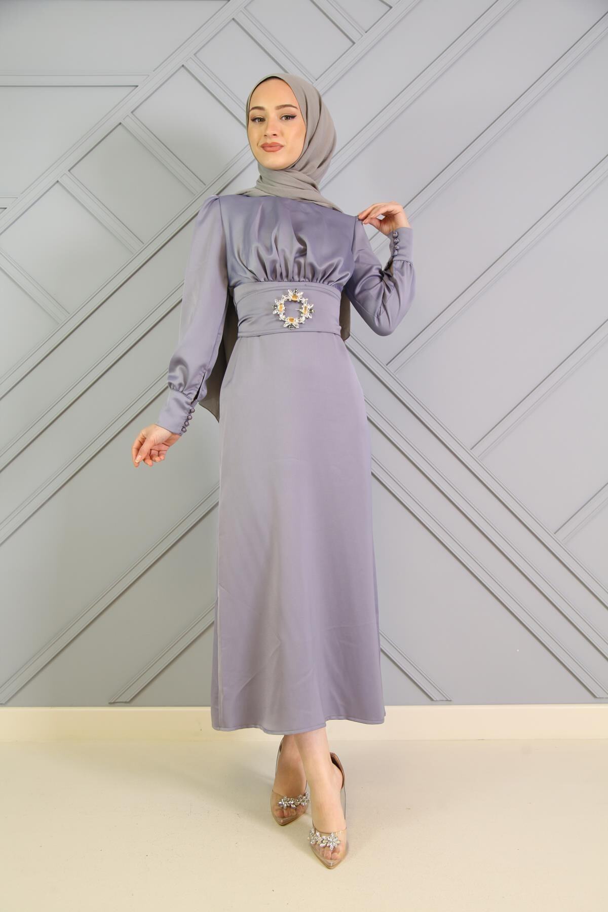 Şule Giyim Kuşaklı Hewes Elbise Gri