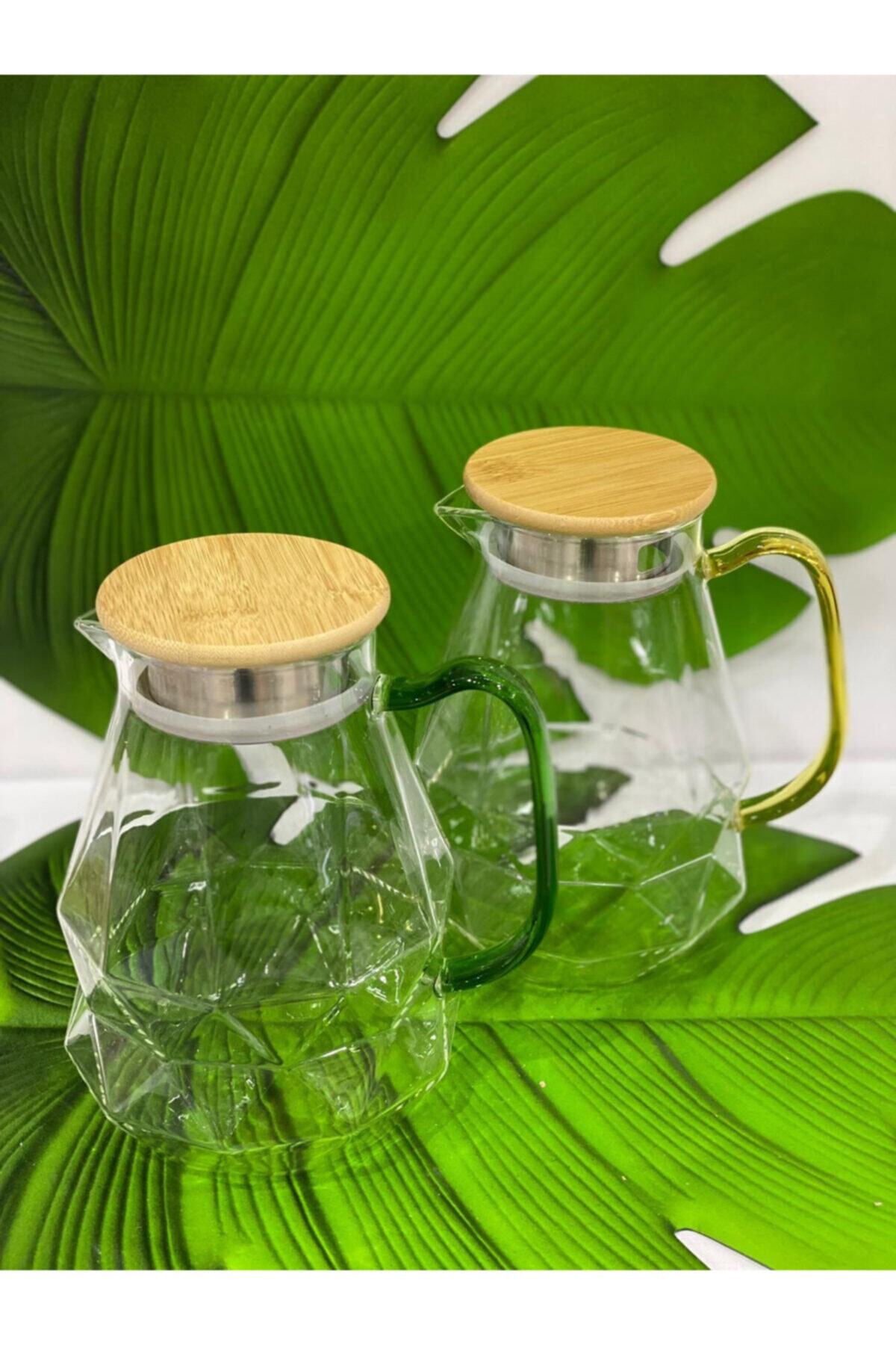 MorzaHome Cam Borosilikat Bambu Kapak Sürahi (1500 Ml) Yeşil Kulp