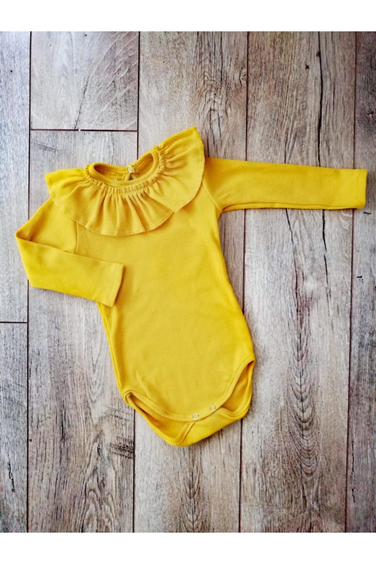 Mini Kids Baby Kız Bebek Hardal Sarısı Fırfırlı Yaka Bebek Body Çıtçıtlı Zıbın Romper