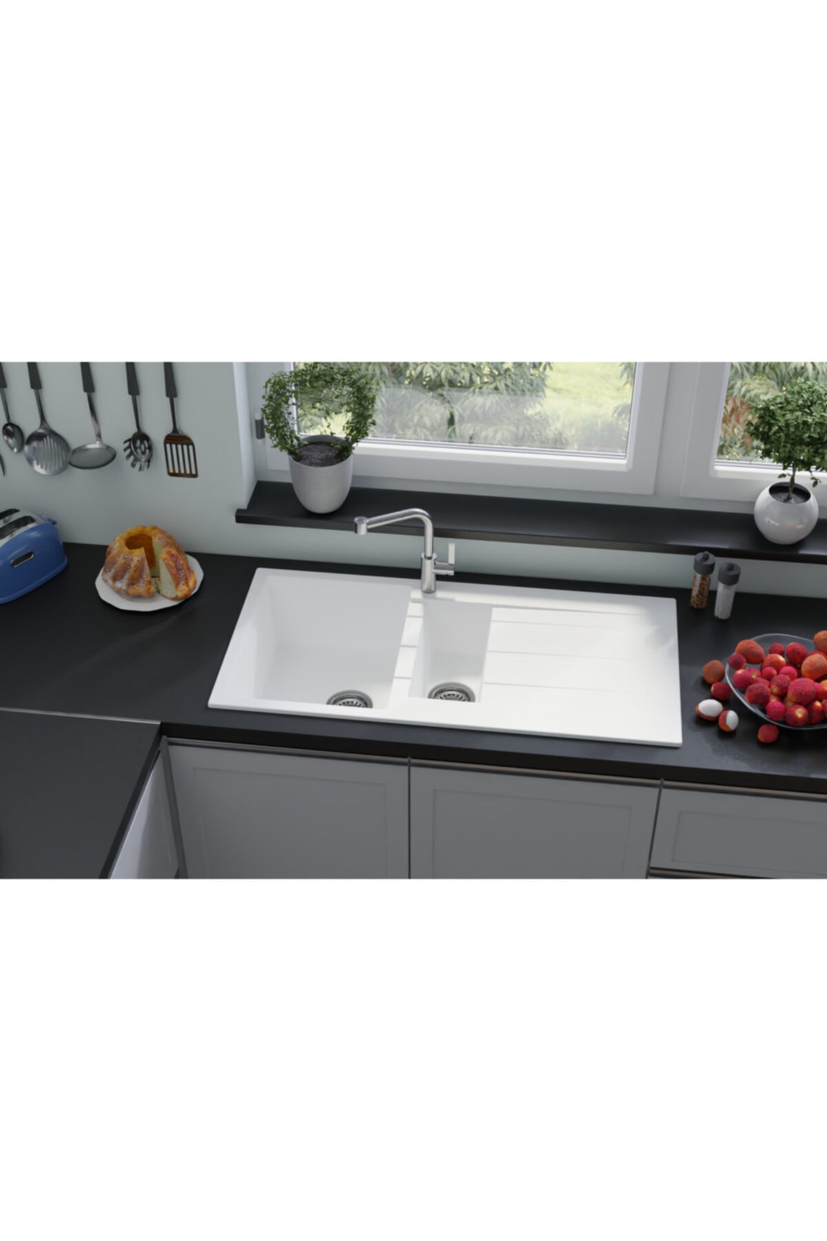 Vıvıano Viviano 1,5 Göz 50x100 Cm Metalik Beyaz Granit Evye + Sifon Bağlantı Hortumları