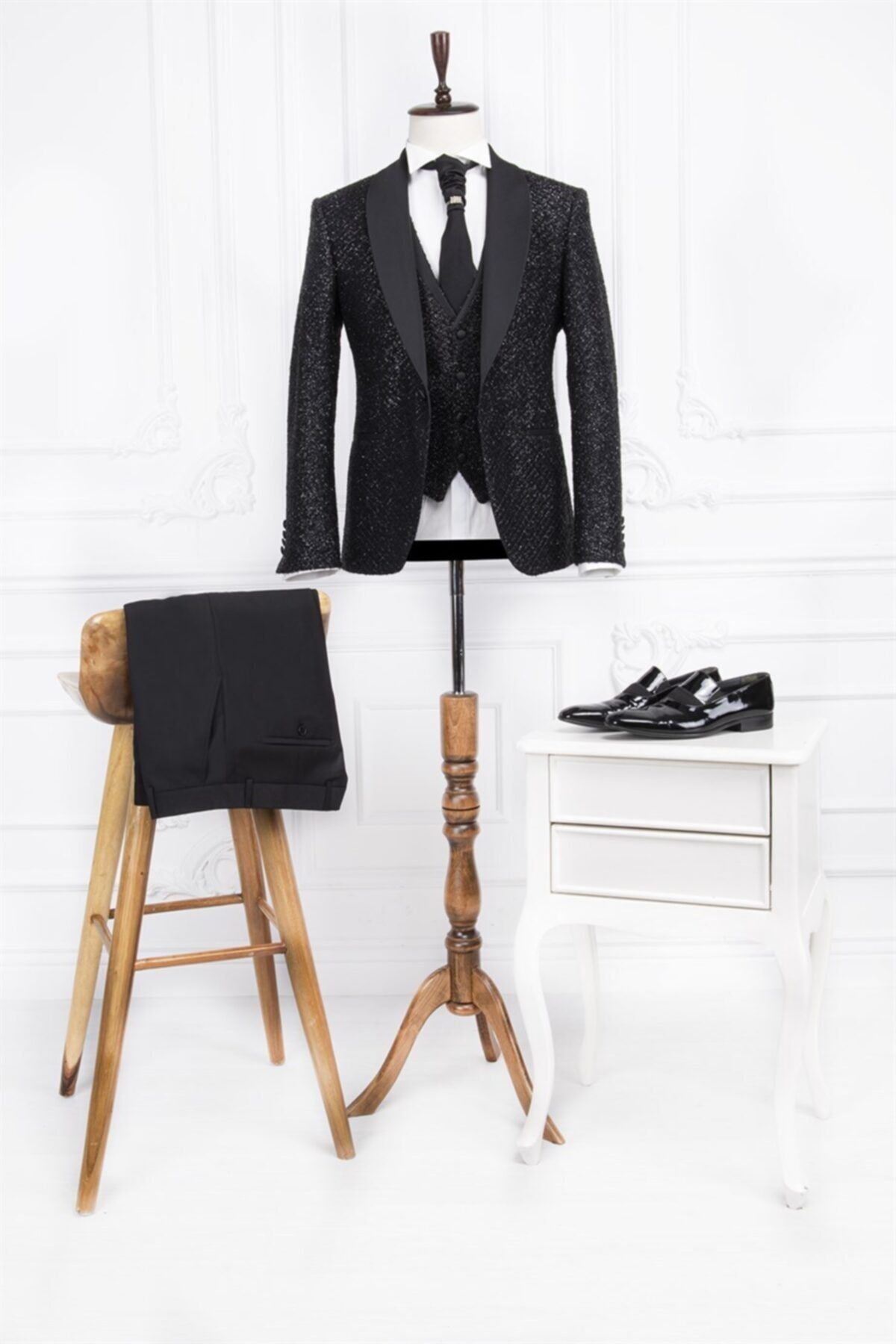 PACO ROMANO Erkek Slim Fit Şal Yaka Siyah Damatlık Yelekli Takım Elbise