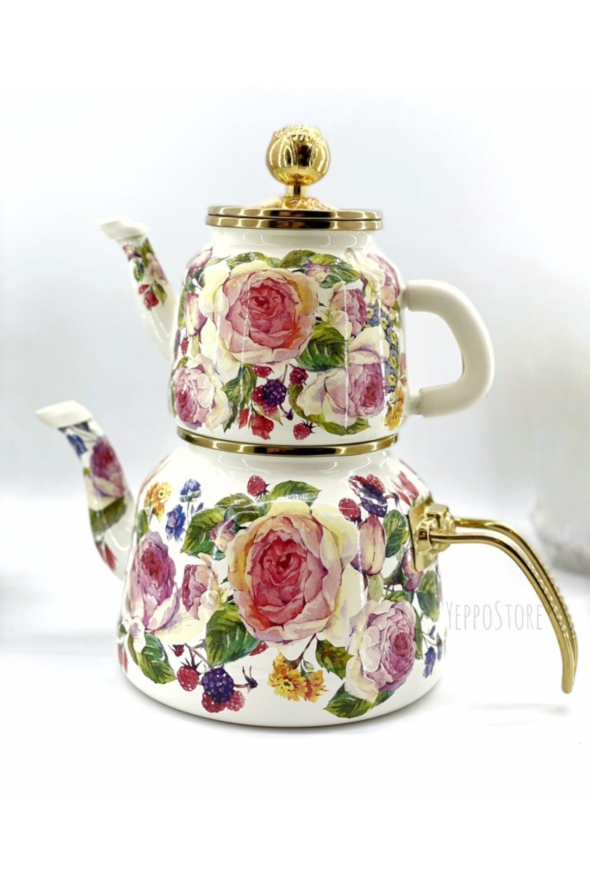 Miss Betty Yeppo Store Emaye Çaydanlık Seti Gül Desen Deluxe Rose