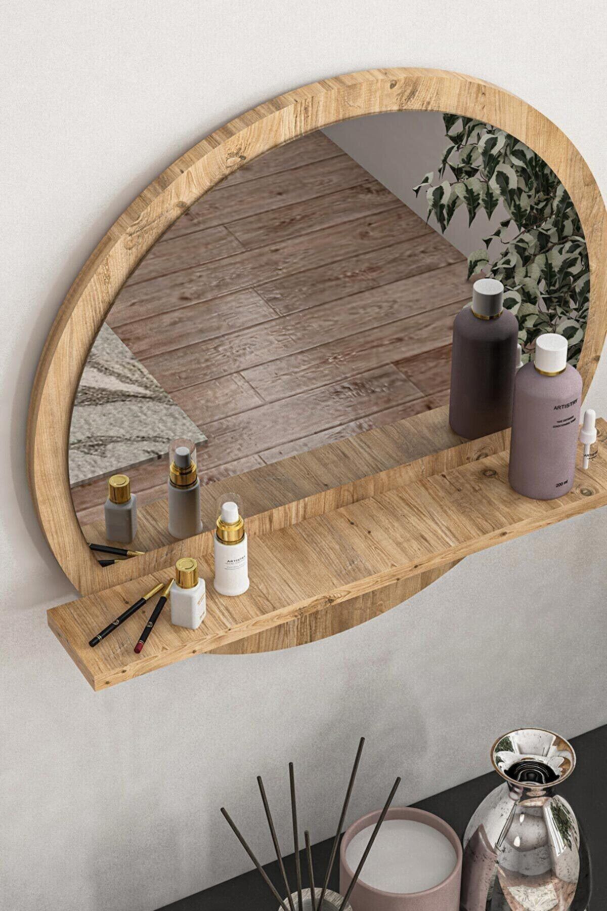 meDDex Yuvarlak Raflı Ayna 45cm Atlantik Çam Dresuar Hol Koridor Salon Banyo Wc Ofis Çocuk Yatak Odası Boy