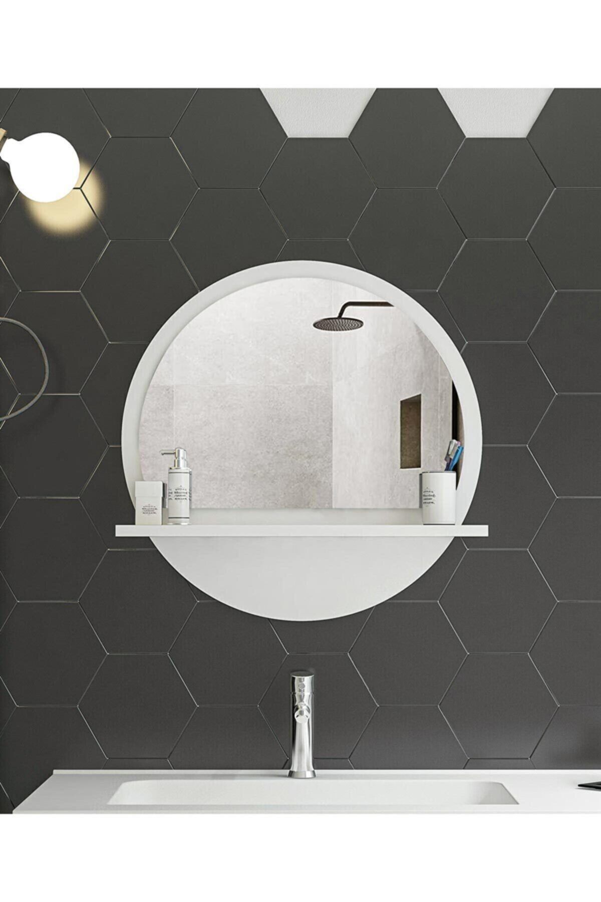 meDDex Yuvarlak Beyaz Raflı 45cm Ayna Koridor Dresuar Konsol Duvar Salon Mutfak Banyo Ofis Çocuk Yatak Oda