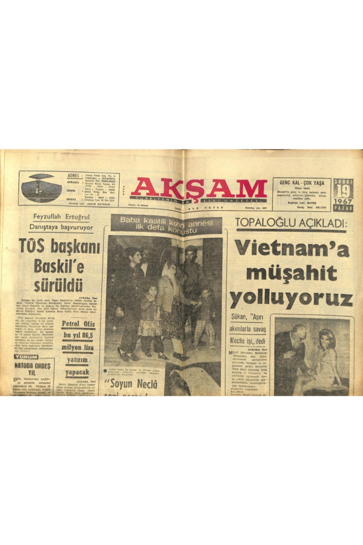 Gökçe Koleksiyon Akşam Gazetesi 19 Şubat 1967 - Cezaevinde Şiir Yazan Muhterem Nur Dün Tahliye Edildi