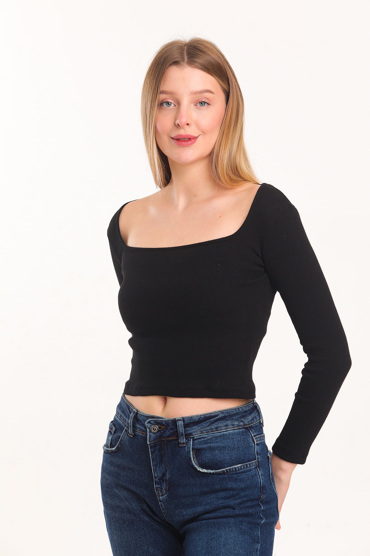 Elemgiyim Kadın Kaşkorse Kumaş Kare Yaka Siyah Crop Bluz