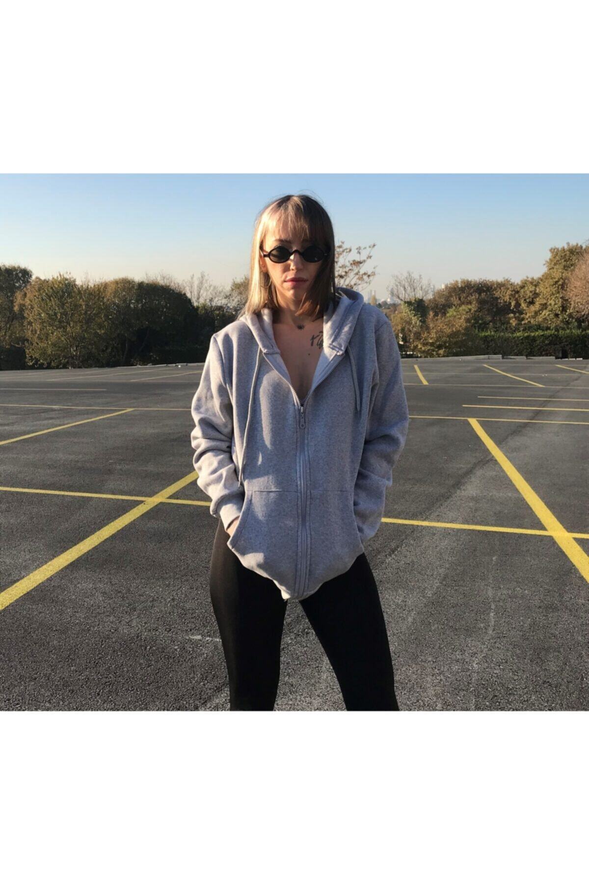 LAS GAIAS STORE Kapüşonlu Fermuarlı Gri Sweatshirt