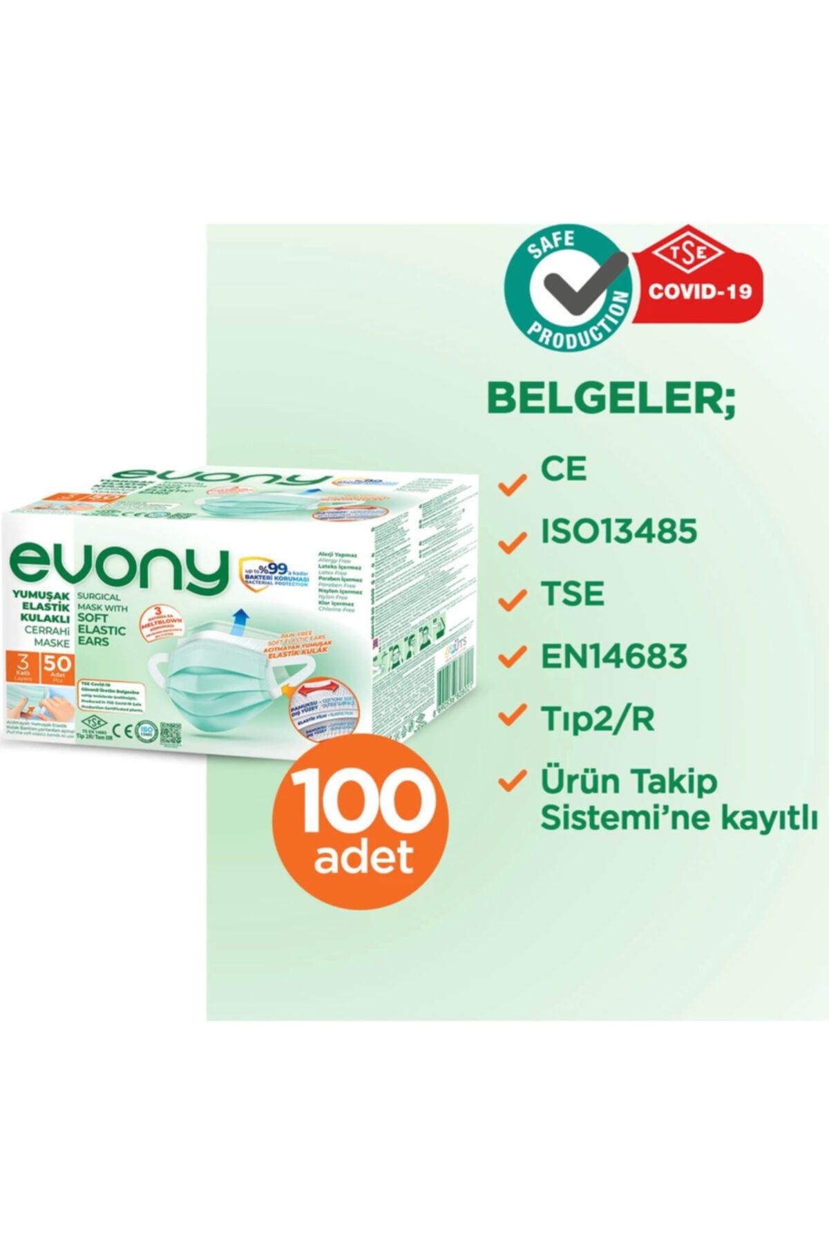 Peyless 50'li Evony Yumuşak Elastik Kulaklı Cerrahi Maske