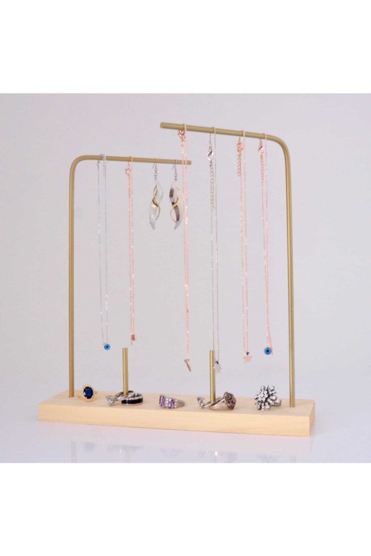 Sunbross Design Ahşap Masaüstü Takı Standı, Takı Düzenleyici, Gold Metal Ve Ahşap Takı Askısı