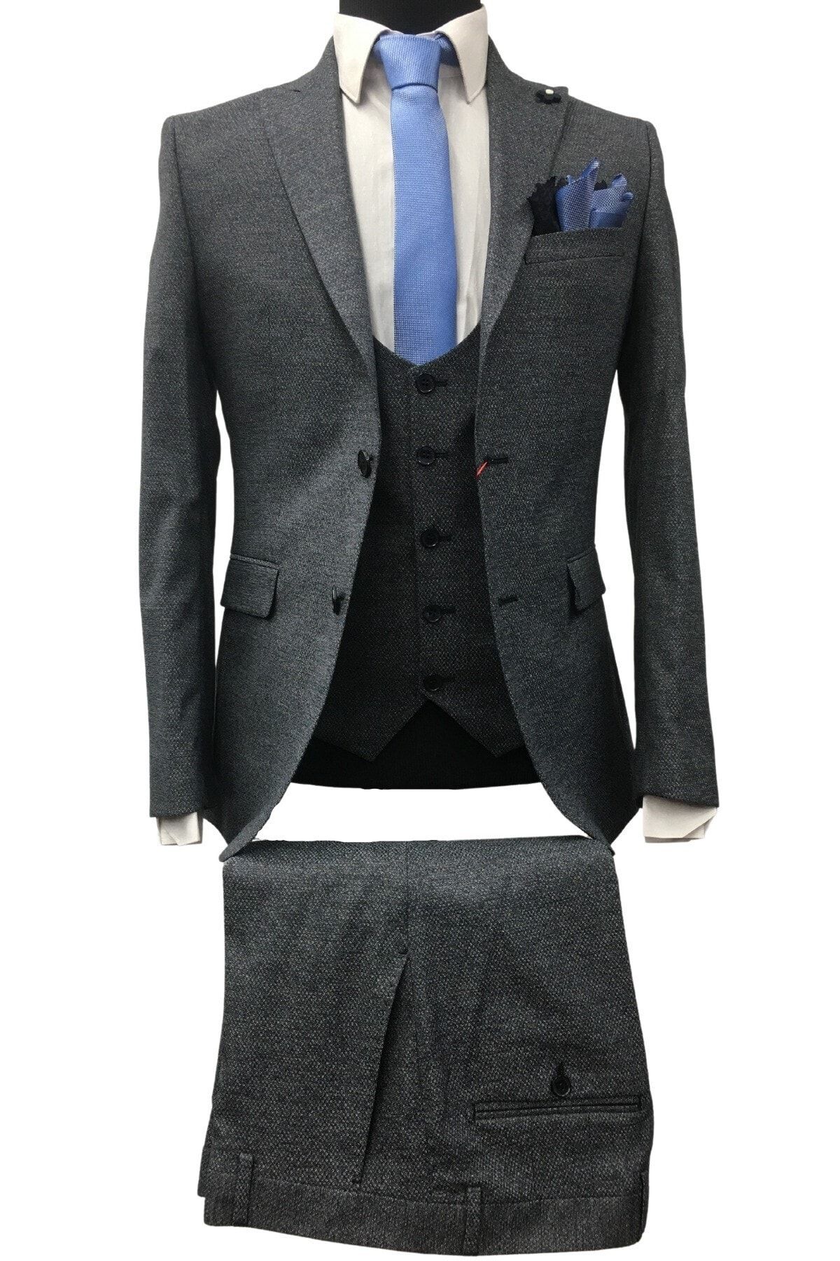 By Mustafa Erkek Lacivert Desenli Slim Fit Yelekli Takım Elbise 1548