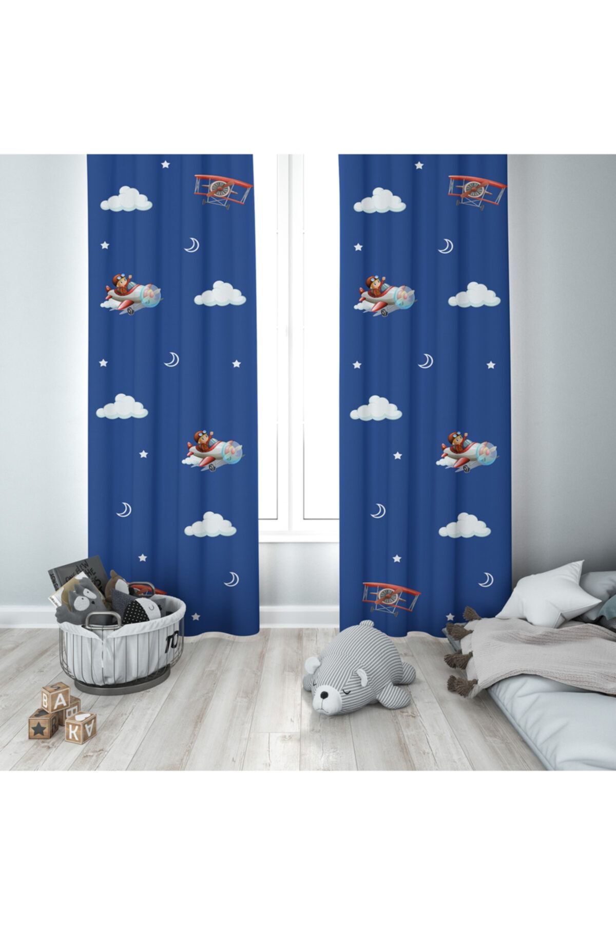 BMK's STORE Bebek Ve Çocuk Odası Küçük Uçaklı Erkek Fon Perde -063