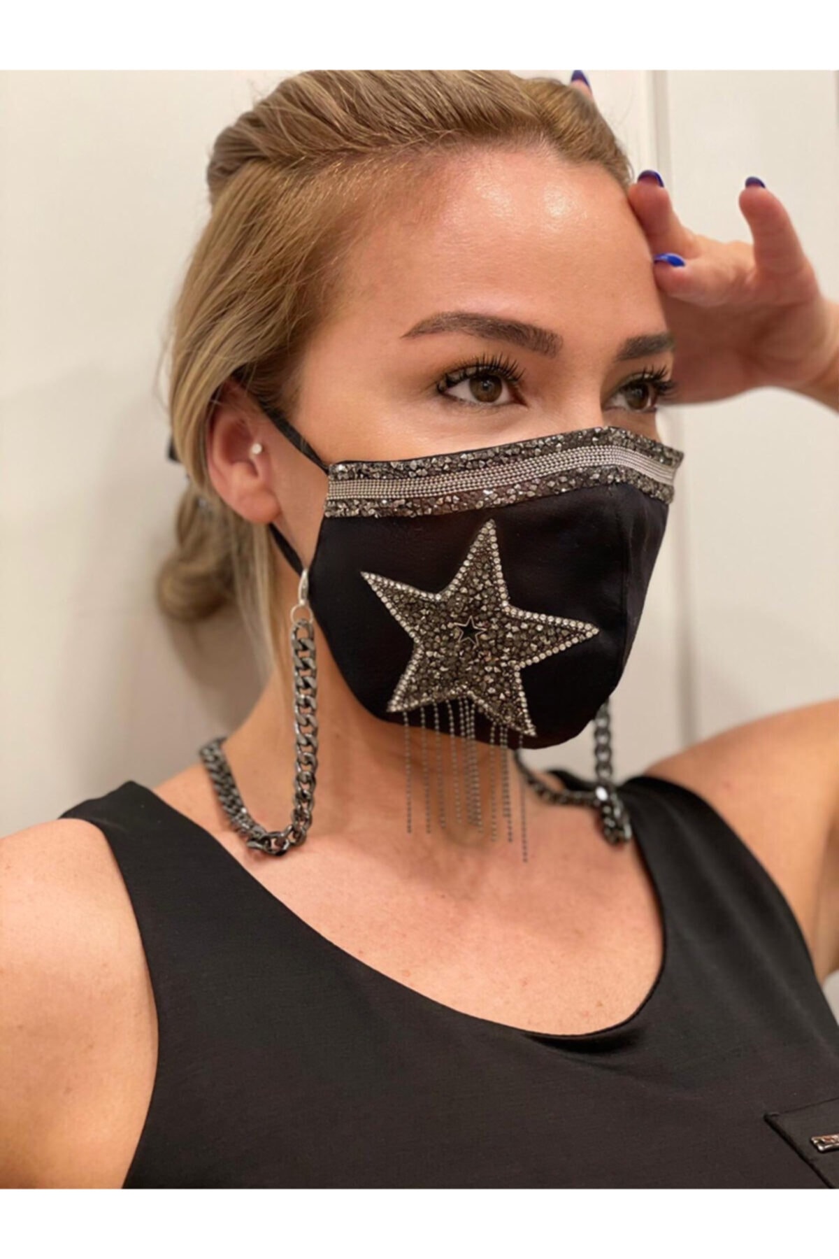 MaskeTrendi Taşlı Maske & Maske Zinciri / Siyah, Telli, Yıkanabilir, Bez, Pamuklu Kumaş Maske