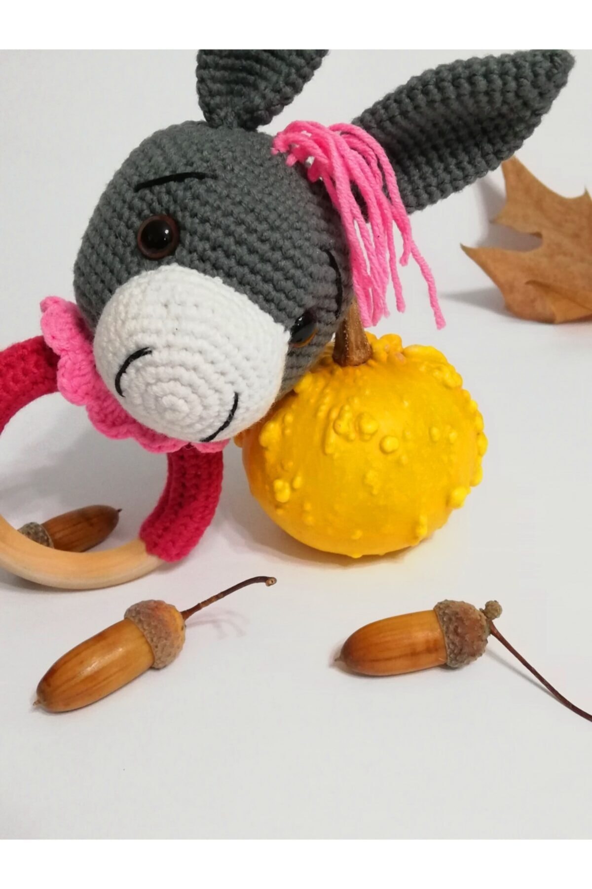 YANNS Amigurumi, Organik, Çıngıraklı, Diş Kaşıyıcı, Sevimli Eşek, Handmade, Gri-pembe