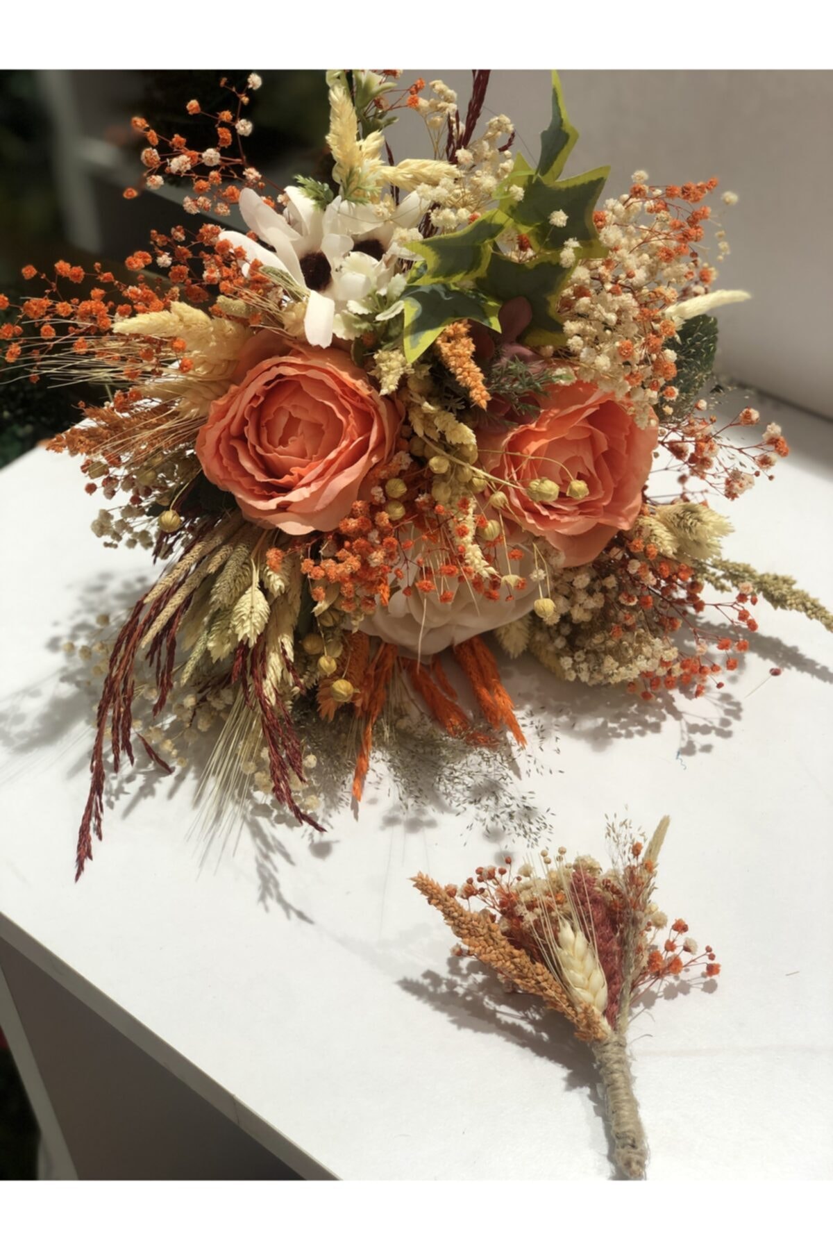 sultanım aksesuar ümraniye Turuncu Krem Kuru Otlu Gelin Buketi