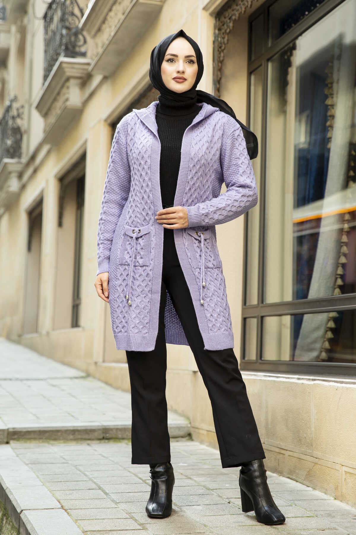 LOVELY FASHION Kapüşon Detaylı Tesettür Triko Hırka Lila