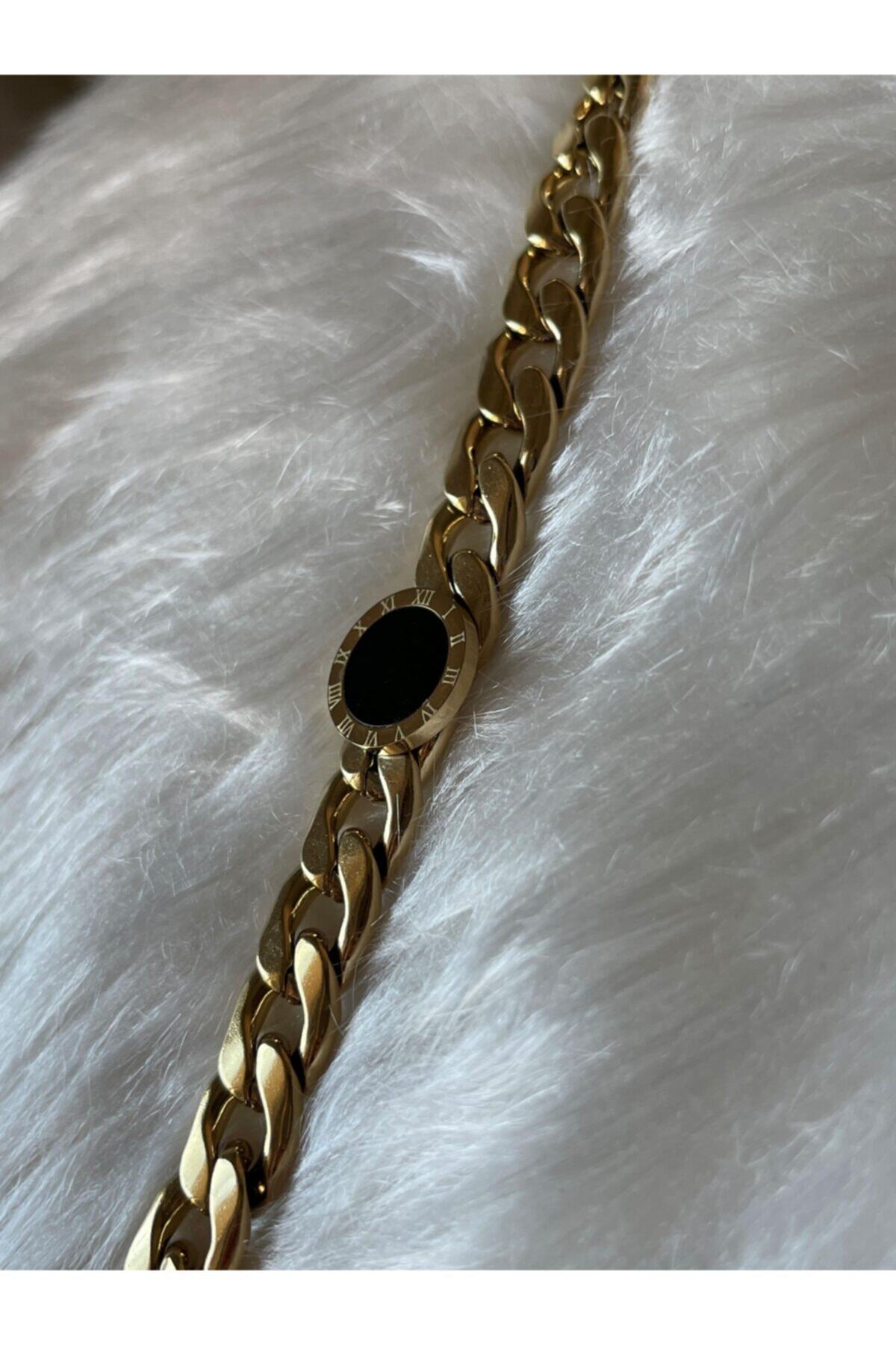 FASHİON JEWELRY G&g Aksesuar Kadın Altın Rengi Çelik Kalın Zincir Siyah Taşlı Bileklik Tt395