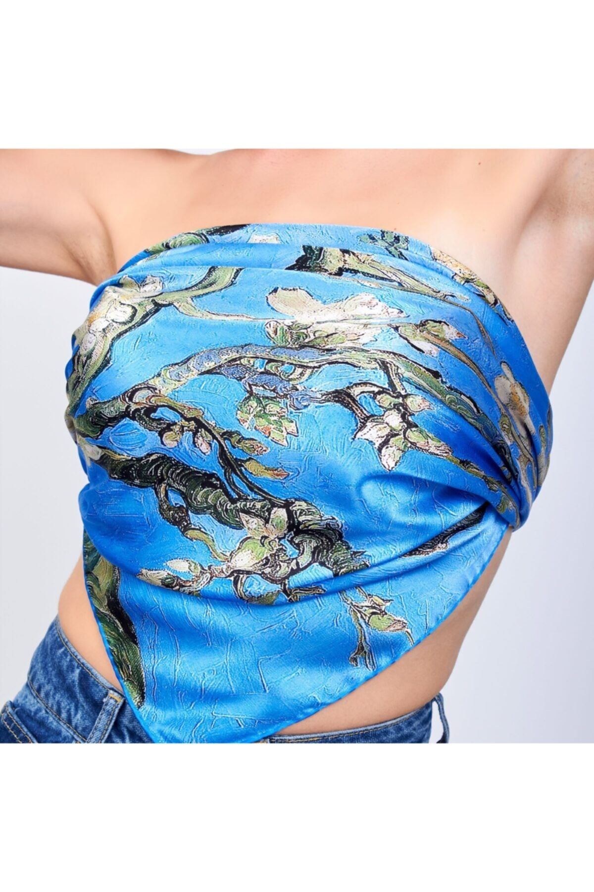 Nomads Felt %100 Ipek Mavi Kare Fular Van Gogh Almond Blossoms 90 Cm