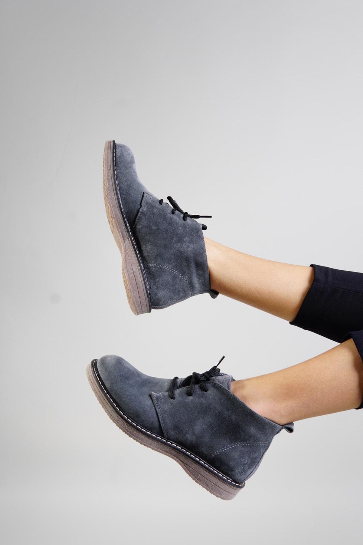 Stepsup Store Hakiki Deri Gri Süet Bağcıklı Bot