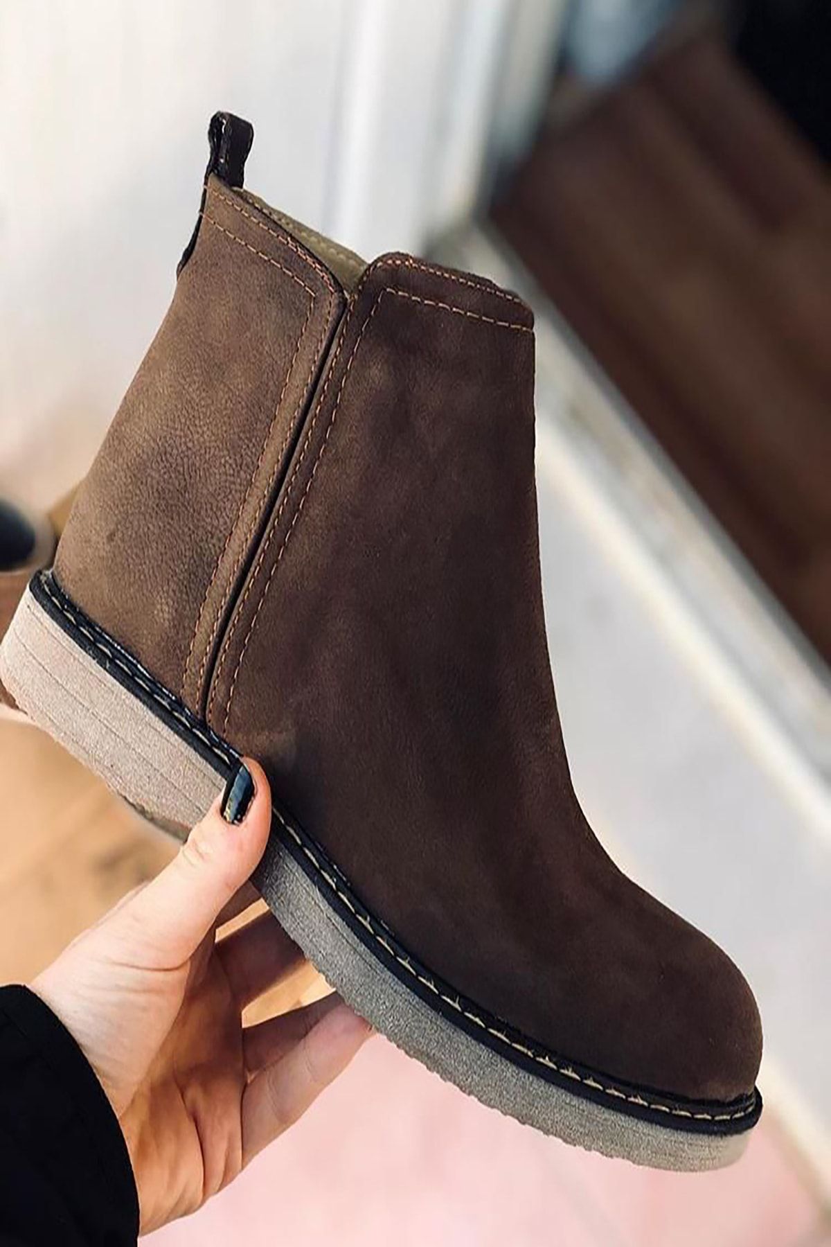 Mida Shoes Hakiki Deri Kahve Süet Fermuarlı Bot