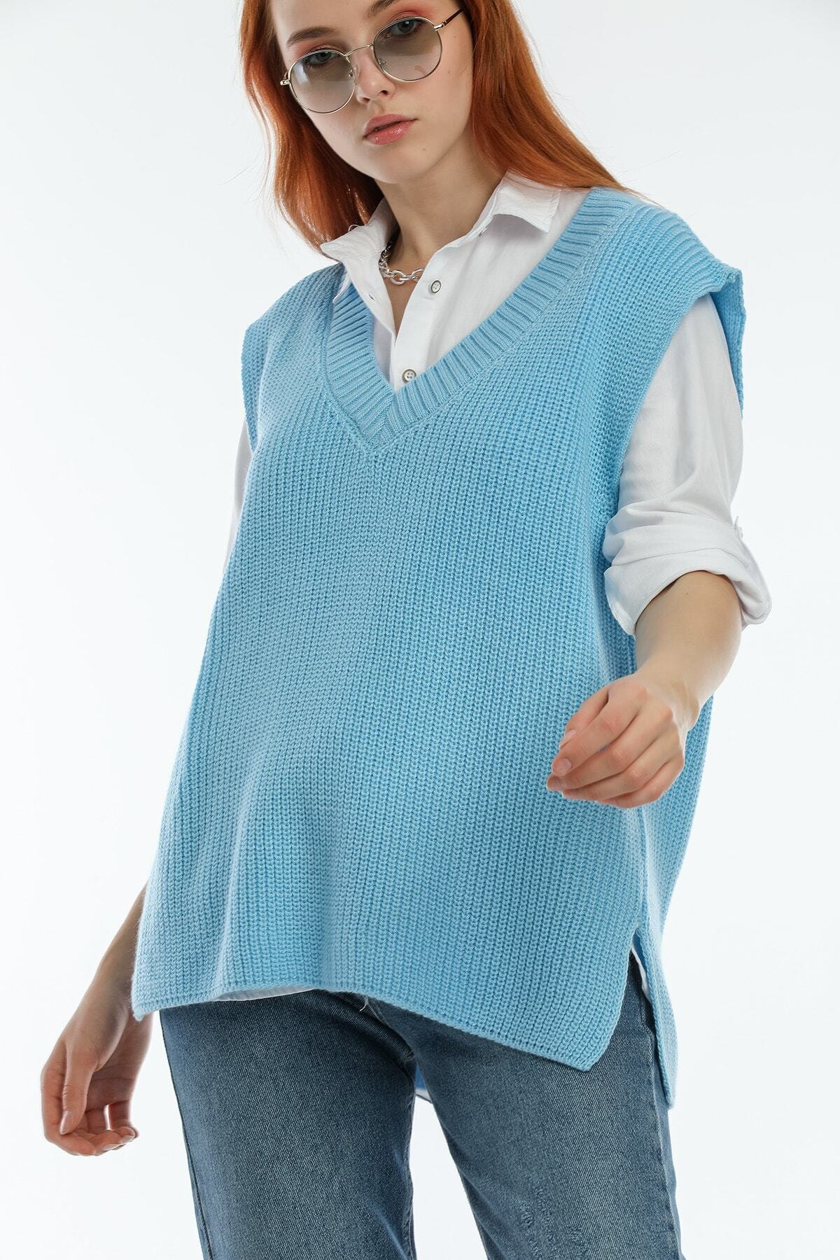 freedom fashion Kadın Bebe Mavi V Yaka Triko Süveter