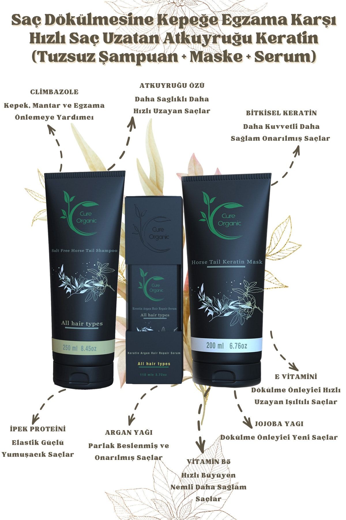 Cure Organic Saç Dökülmesine Karşı Hızlı Saç Uzatan Atkuyruğu Keratin Tuzsuz Şampuan Bakım Maskesi + Serum 3lüSET