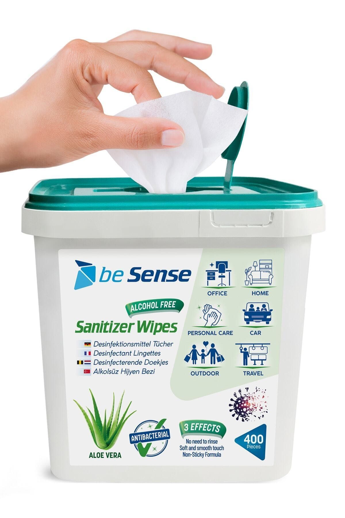 BESENSE Aloe Vera Özlü Anti Bakteriyel, Alkolsüz Hijyenik El Ve Yüzey Temizleme Mendili - 400 Yapraklı Kova