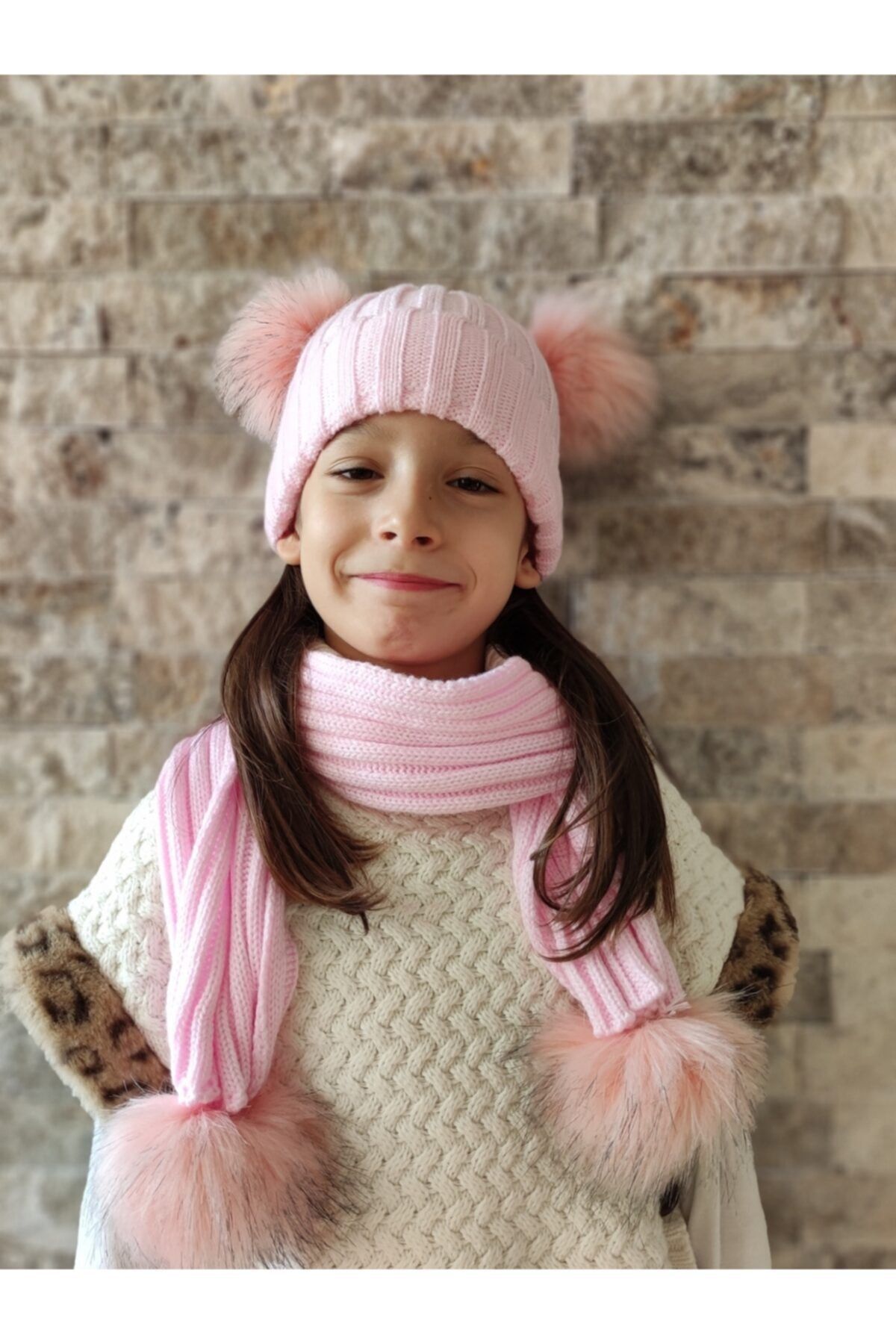 Lookshop 4 Ponponlu Çocuk Bere Ve Atkı Takımı -şeker Pembe