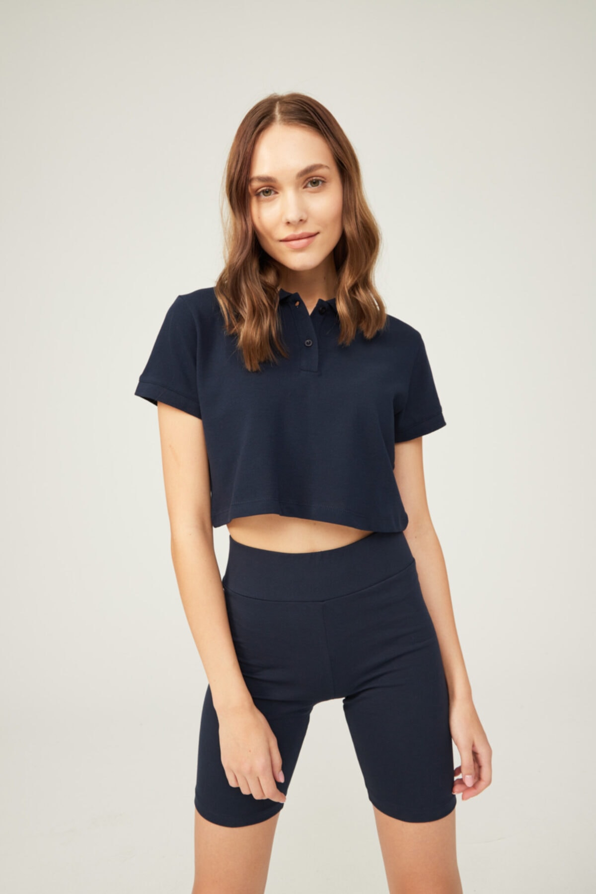 BO Basics Kadın Lacivert Crop Polo Tshirt