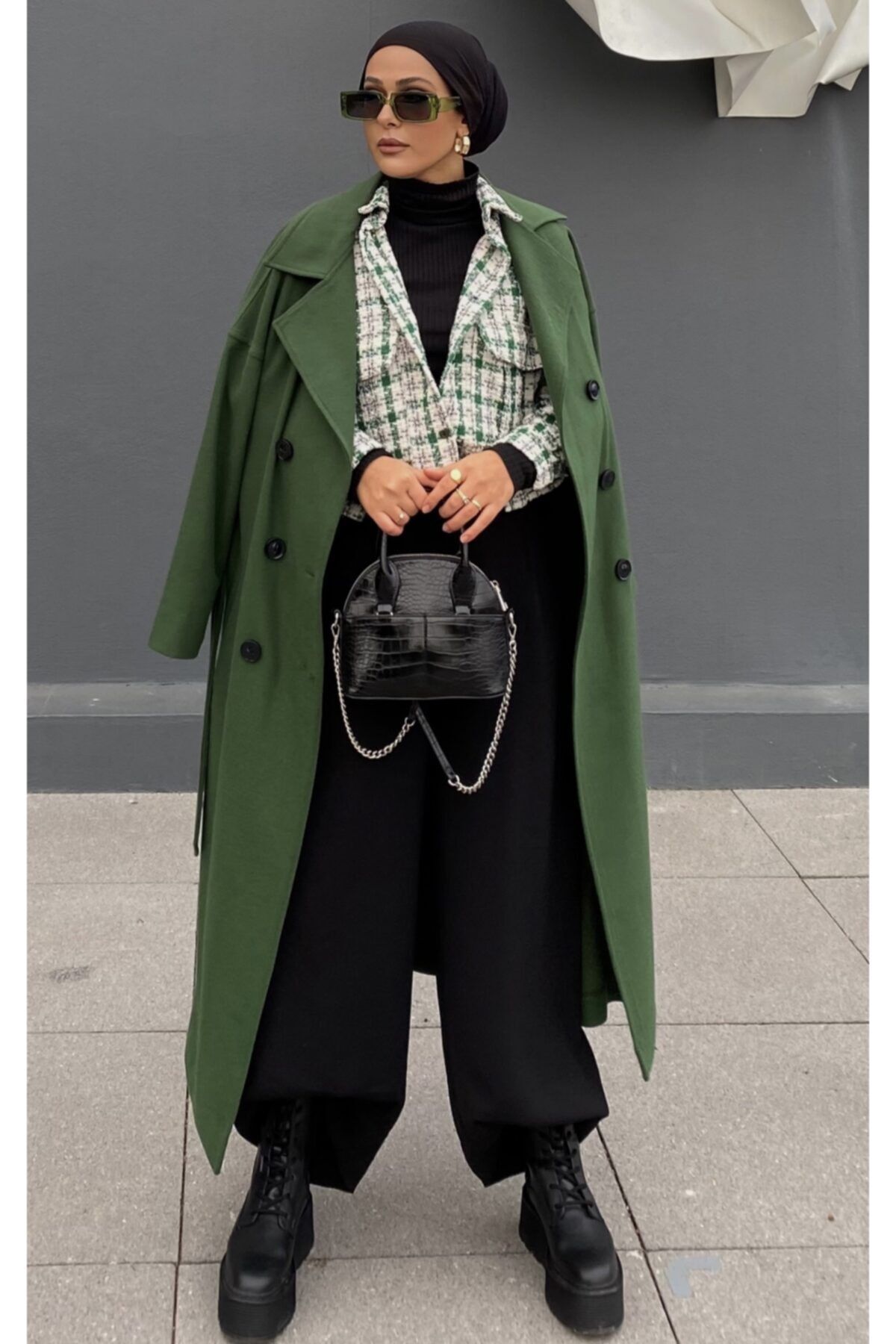 OOTD Kadın Uzun Yeşil Astarsız Kaşe Palto Kaban