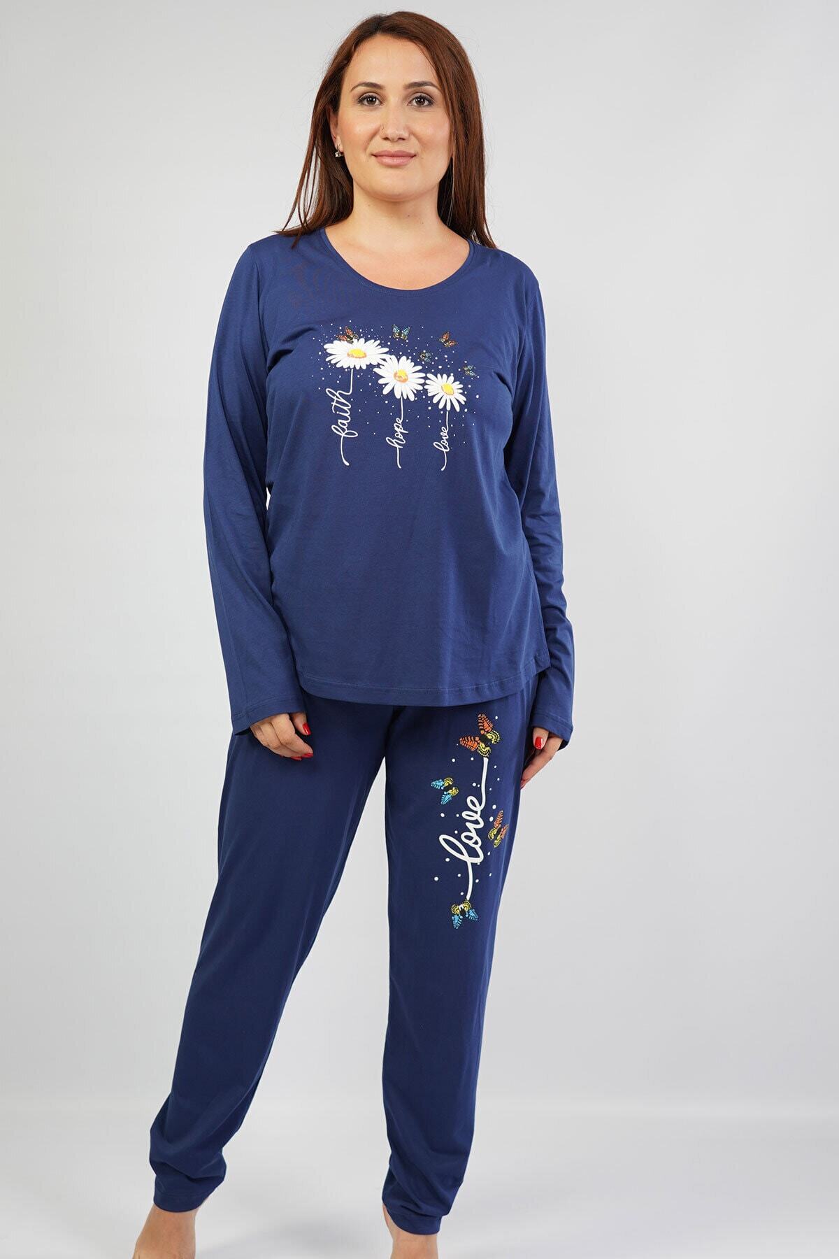 VİENETTA Kadın P.suprem Uzun Kol Büyük Beden Indigo Pijama Takım