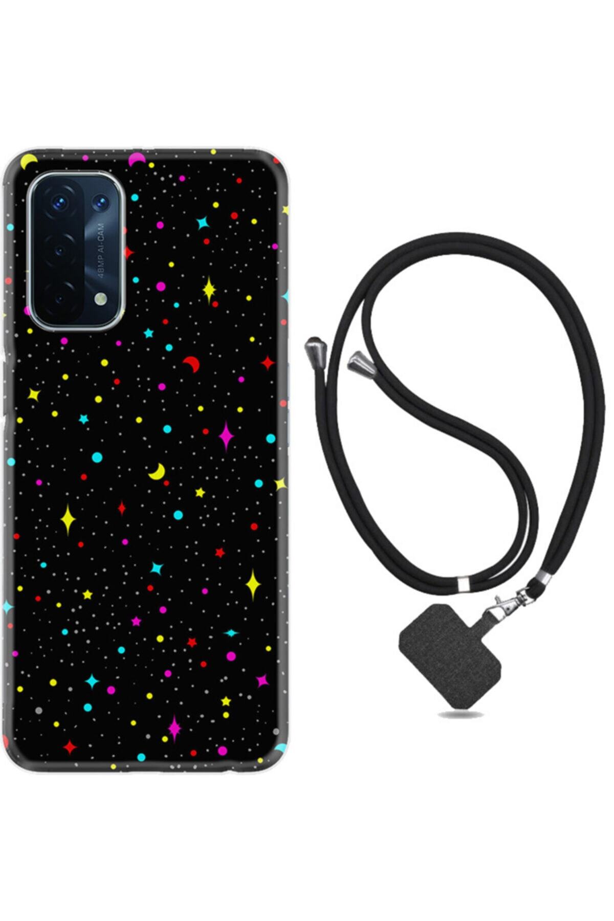 OPPO A74 Kılıf Silikon Ipli Boyun Askılı Desenli Puantiye Ve Ay 1726