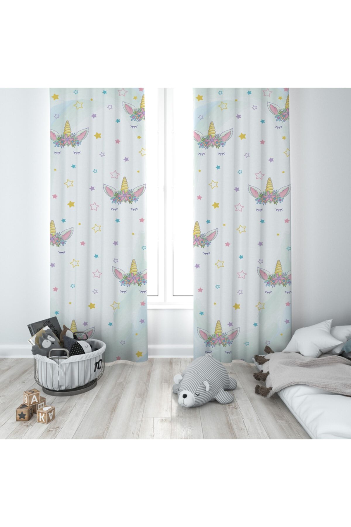 BMK's STORE Bebek Ve Çocuk Odası Renkli Unicornlu Fon Perde -073