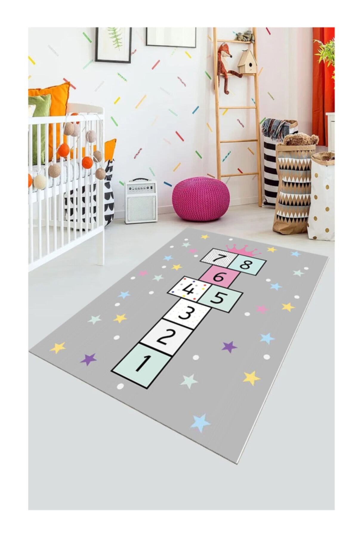STY Home Seksek Çoçuk Kaymaz Tabanlı Makinede Yıkanabilir Halı Kilim Yolluk Gri