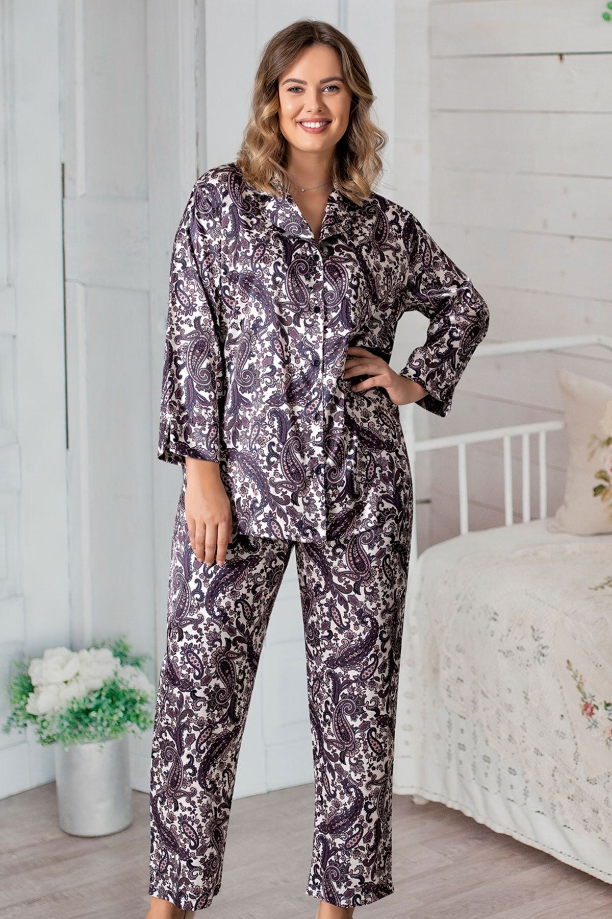 VİENETTA Kadın Lycralı Saten Uzun Kol Büyük Beden Mavi Pijama Takım