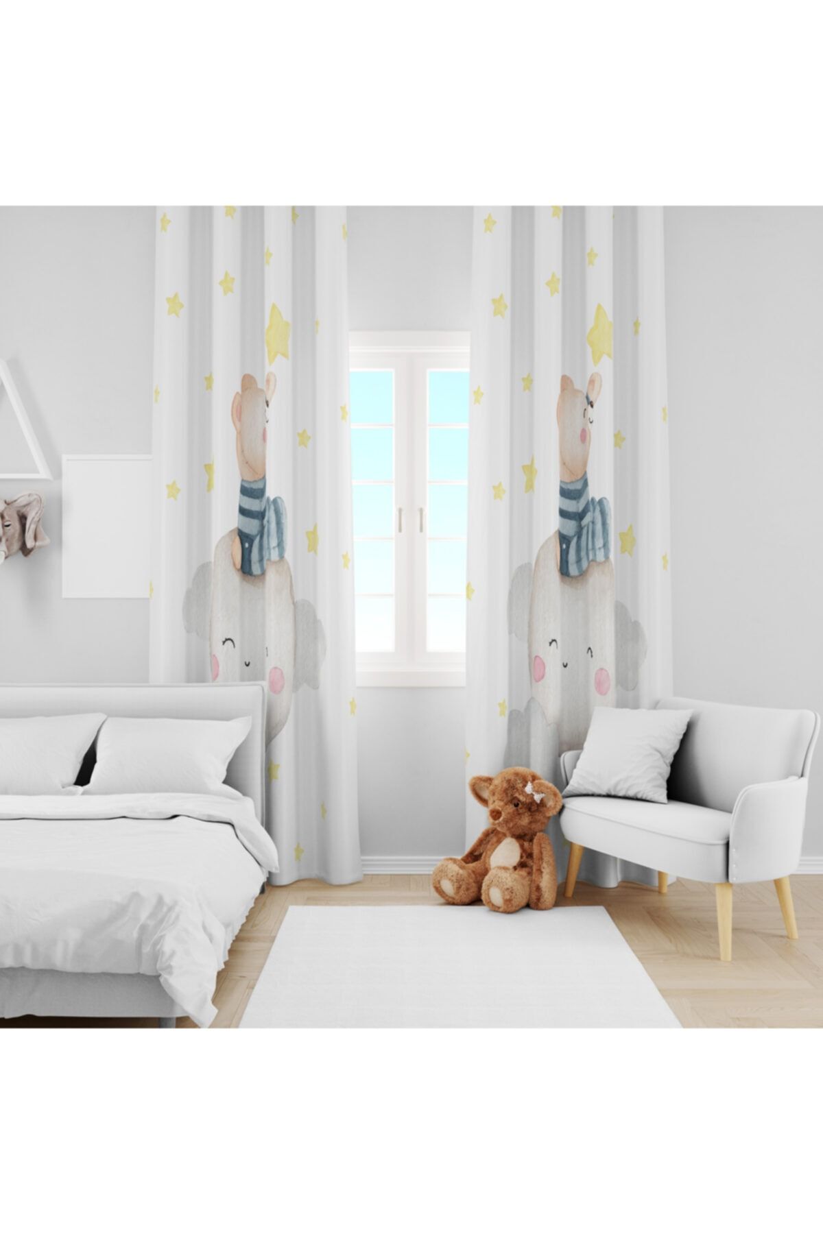 Ziu Kids Süet Dokulu Ayda Oturan Ayı Desenli Bebek&çocuk Odası Dekoratif Fon Perde