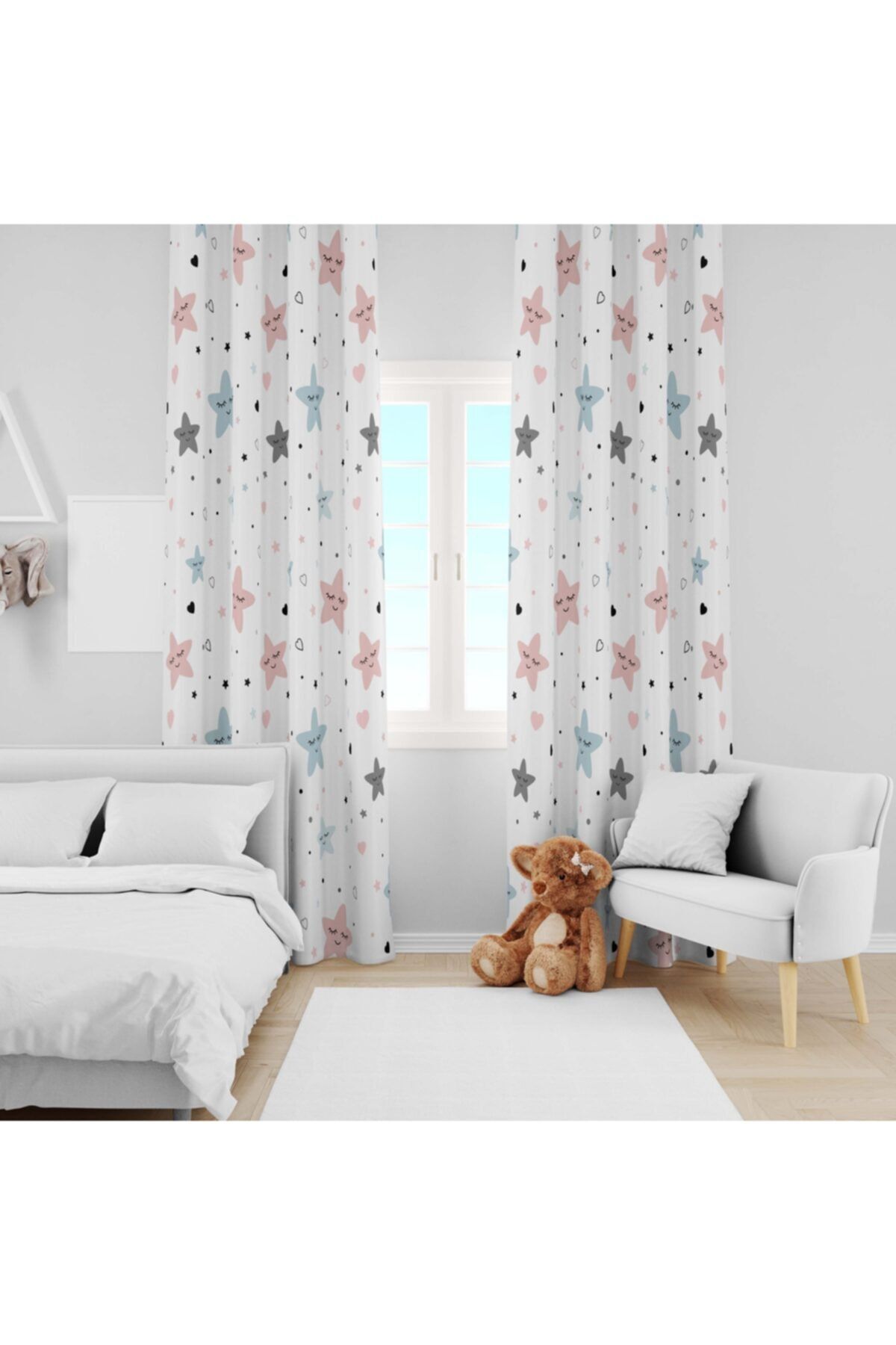 Ziu Kids Süet Dokulu Renkli Yıldız Desenli Bebek&çocuk Odası Dekoratif Fon Perde
