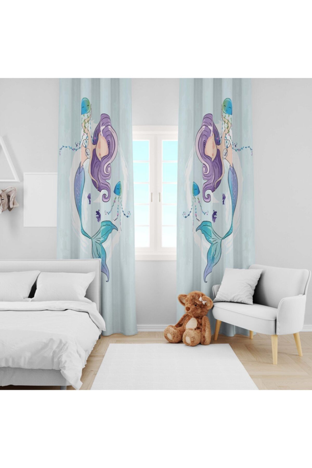 Ziu Kids Süet Dokulu Deniz Kızı Desenli Bebek&çocuk Odası Dekoratif Fon Perde