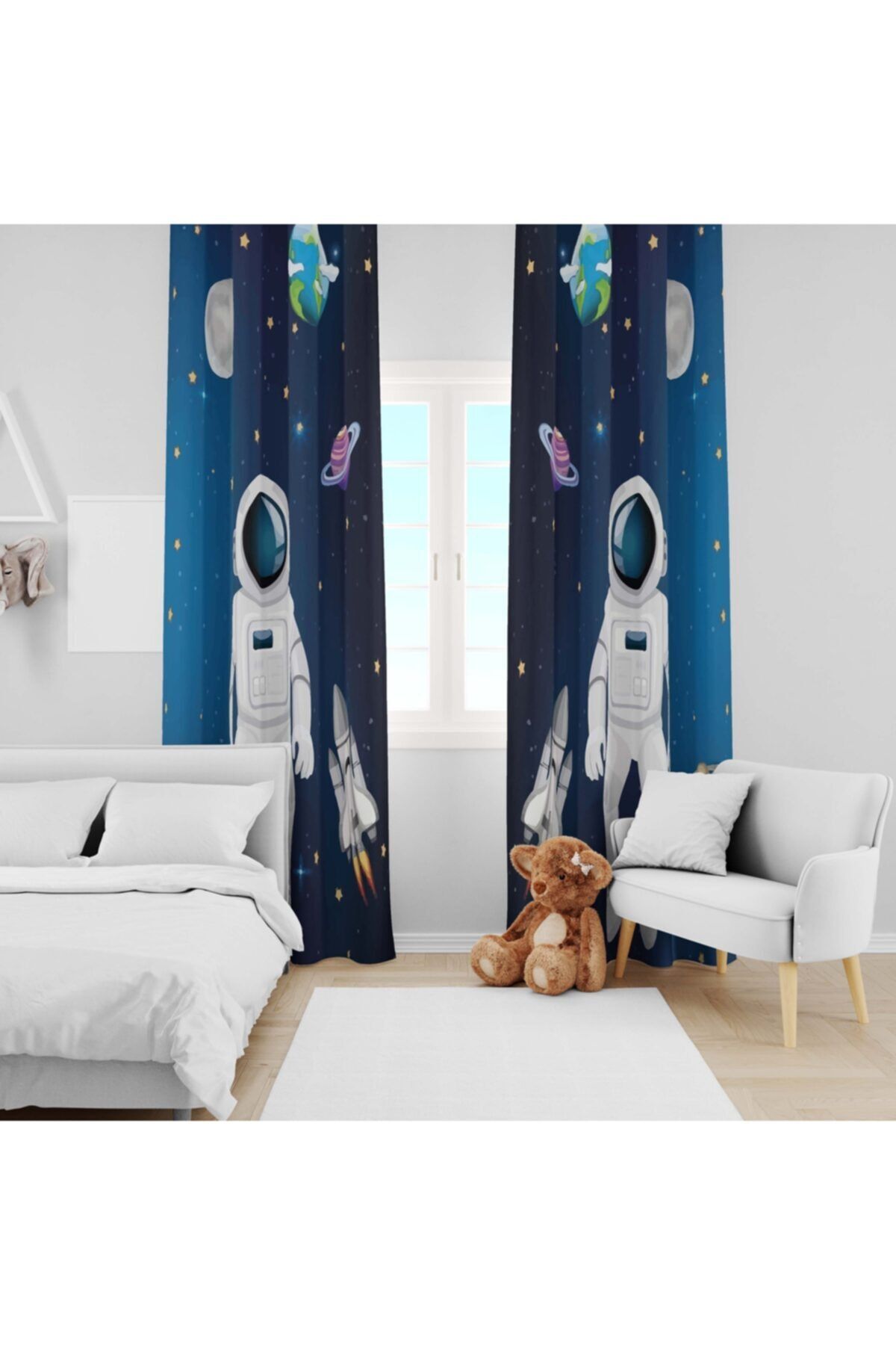 Ziu Kids Süet Dokulu Uzay Astronot Desenli Bebek&çocuk Odası Dekoratif Fon Perde