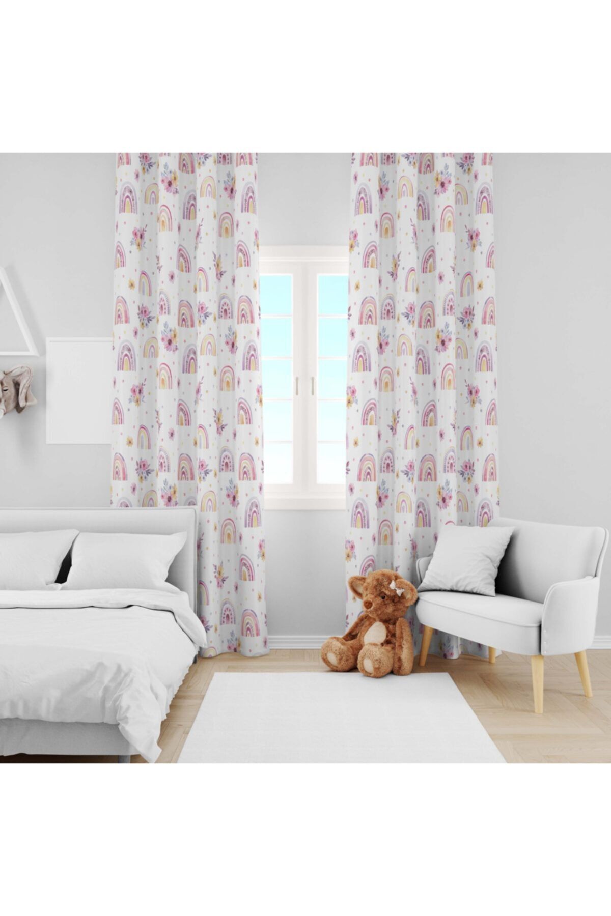 Ziu Kids Süet Dokulu Renkli Çoklu Gökkuşağı Desenli Bebek&çocuk Odası Dekoratif Fon Perde