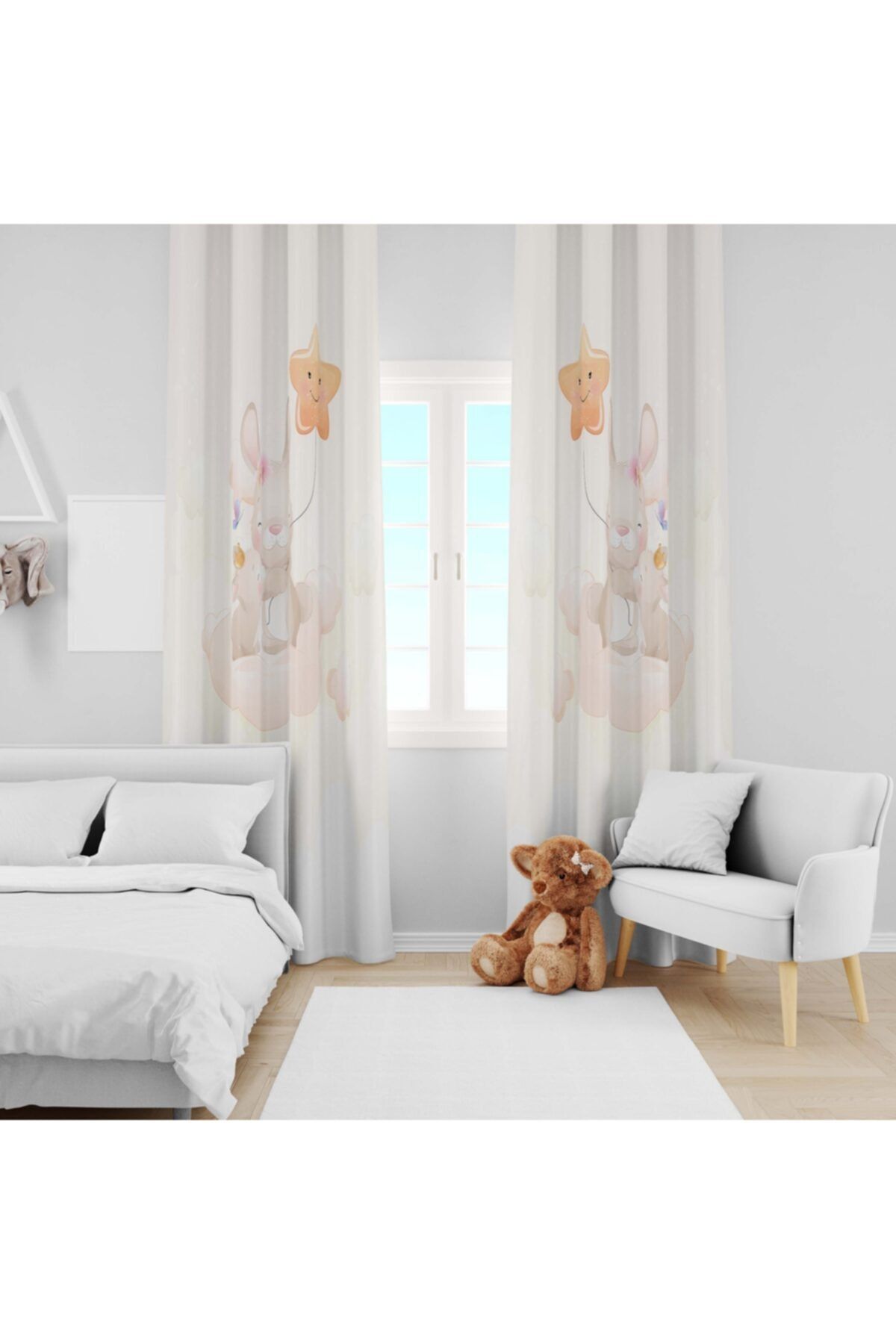 Ziu Kids Süet Dokulu Bulut Ve Anne Tavşan Desenli Bebek&çocuk Odası Dekoratif Fon Perde