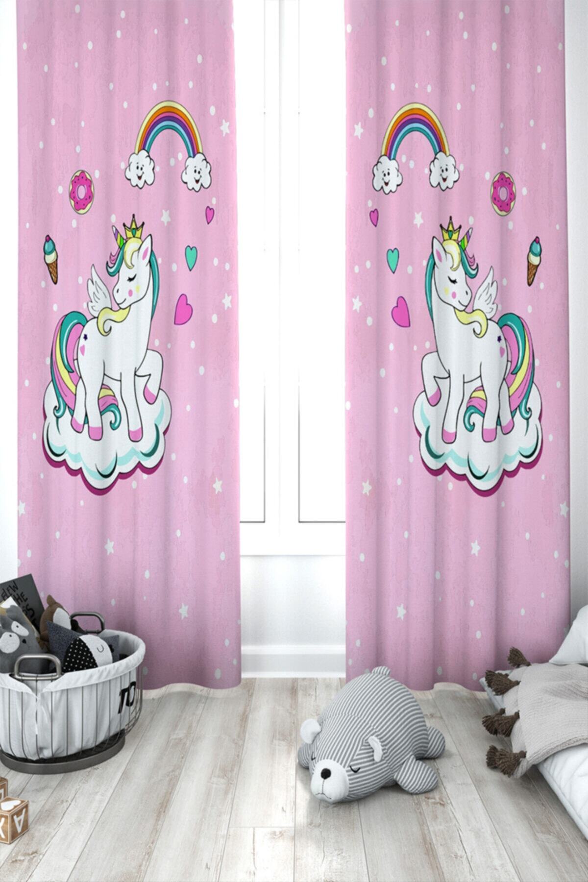 Ziu Kids Süet Dokulu Pembe Unicorn Desenli Çocuk Odası Dekoratif Perde 5030