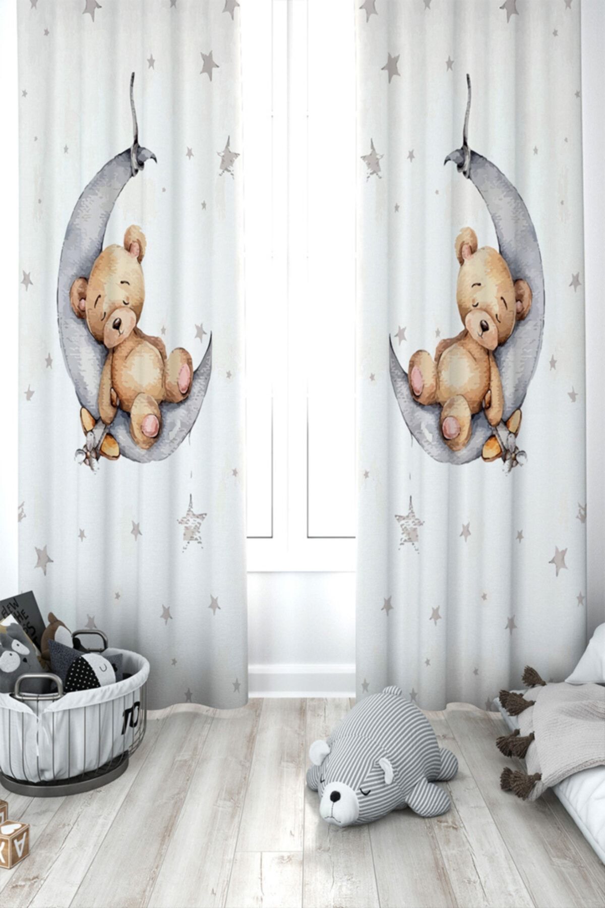 Ziu Kids Süet Dokulu Ayda Uyuyan Ayıcık Desenli Çocuk Odası Dekoratif Perde 5064