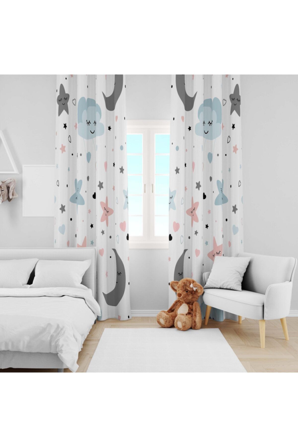 Ziu Kids Süet Dokulu Bulut Ay Ve Yıldız Desenli Bebek&çocuk Odası Dekoratif Fon Perde