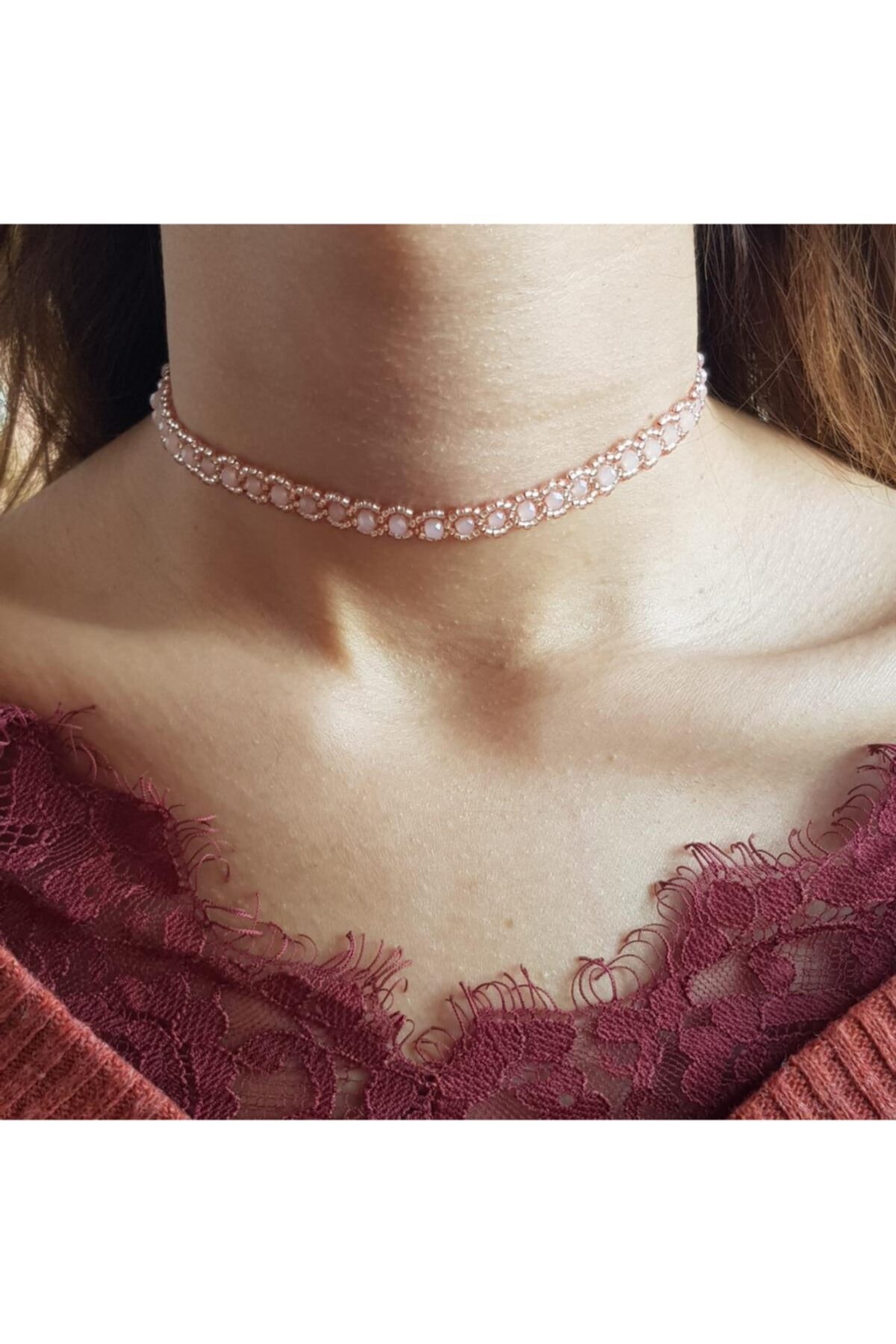 Handmade By HLY El Yapımı Pudra Kristal Taşlı Choker Kolye