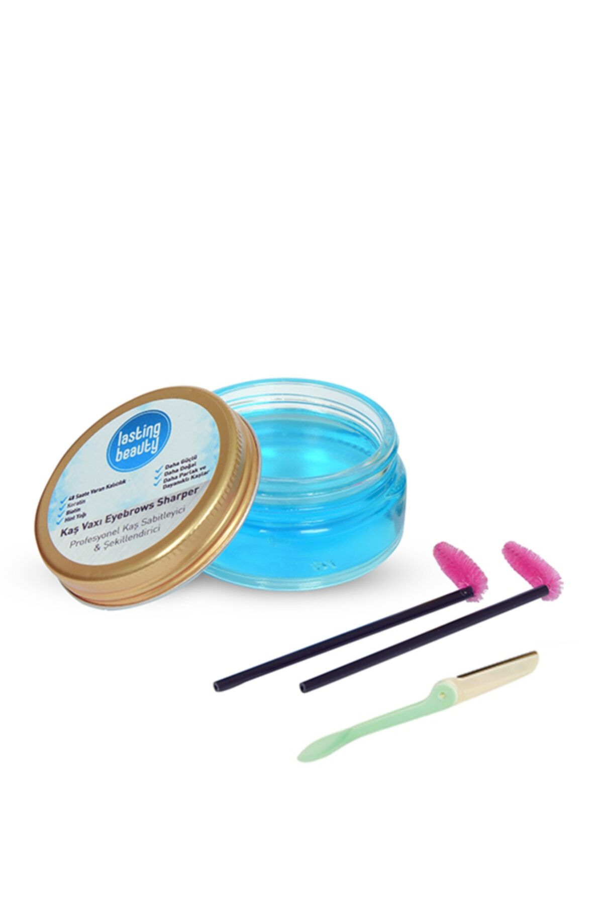 LastingBeauty Kaş Sabitleyici Kaş Şekillendirici Wax Besleyici Keratin E Vitamin İçerikli 50 ml 2 Fırça 1 ustura