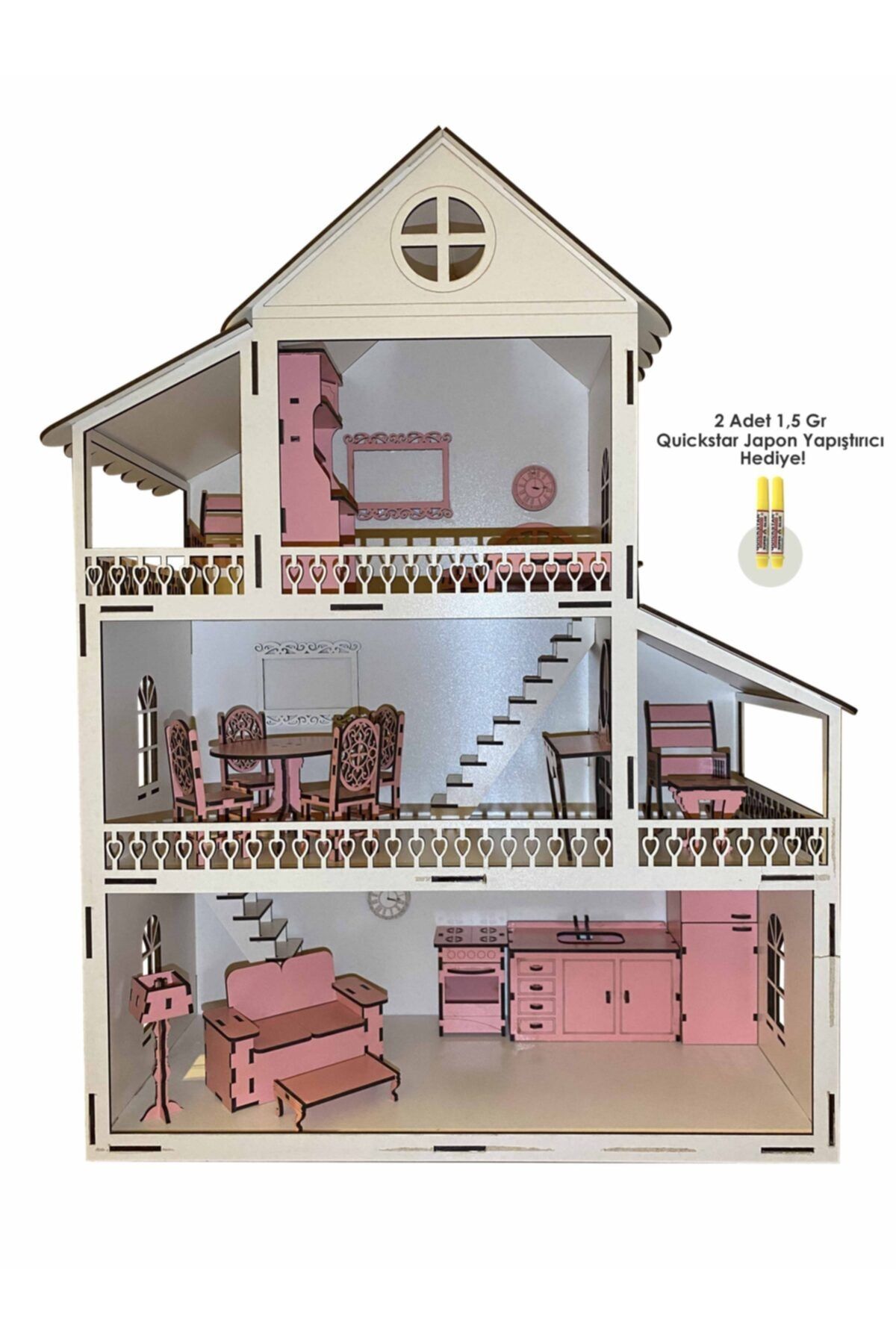 DS DESIGN & LASER CUTTİNG 3 Katlı Ahsap Barbie Oyun Evi Akçaağaç Eşyalı