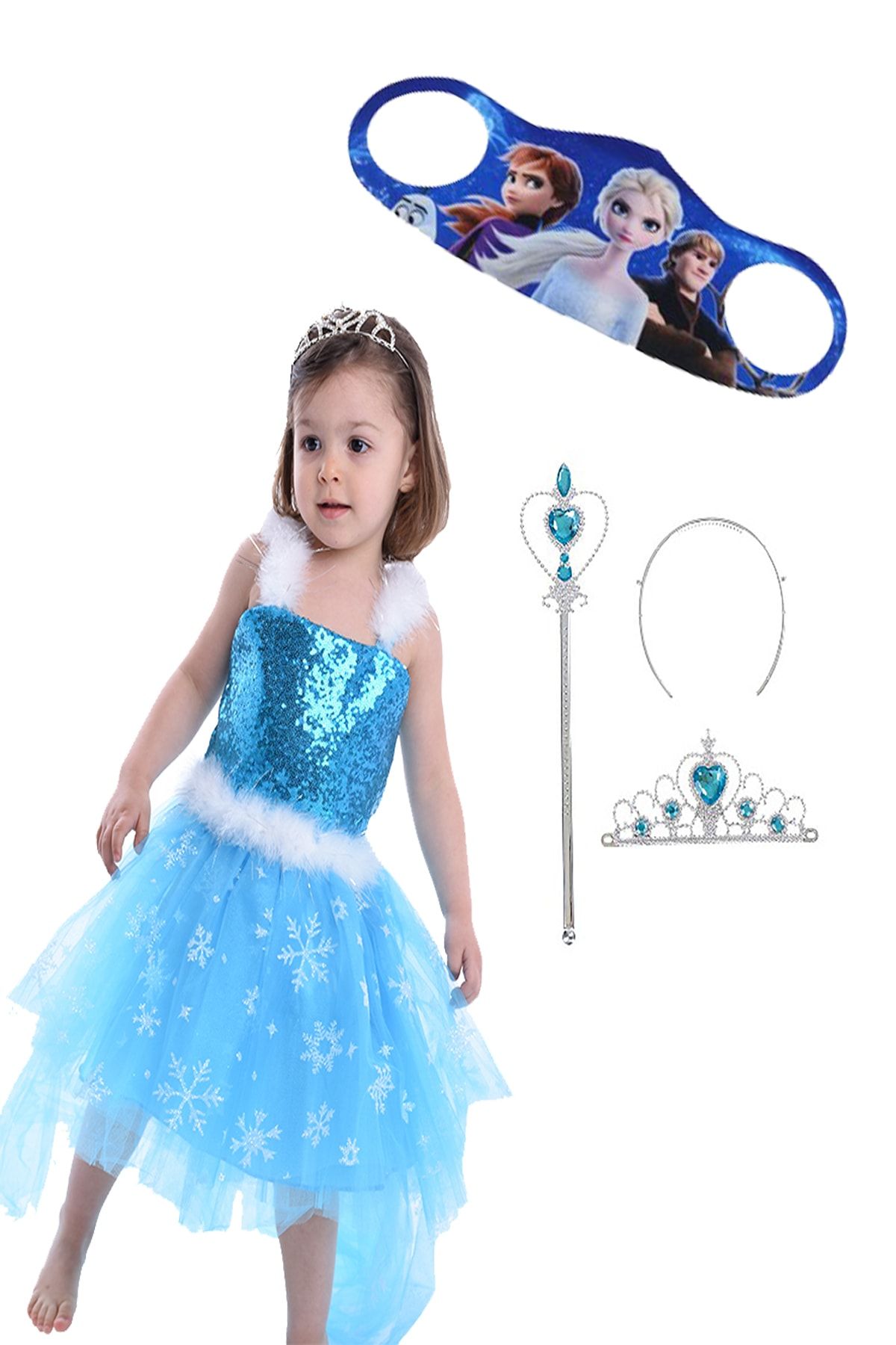 partikirtasiye Karlar Ülkesi Karlar Kraliçe Frozen Elsa Kostüm Ön Kısa Arka Uzun Kız Çocuk Elbise Taçasamaske