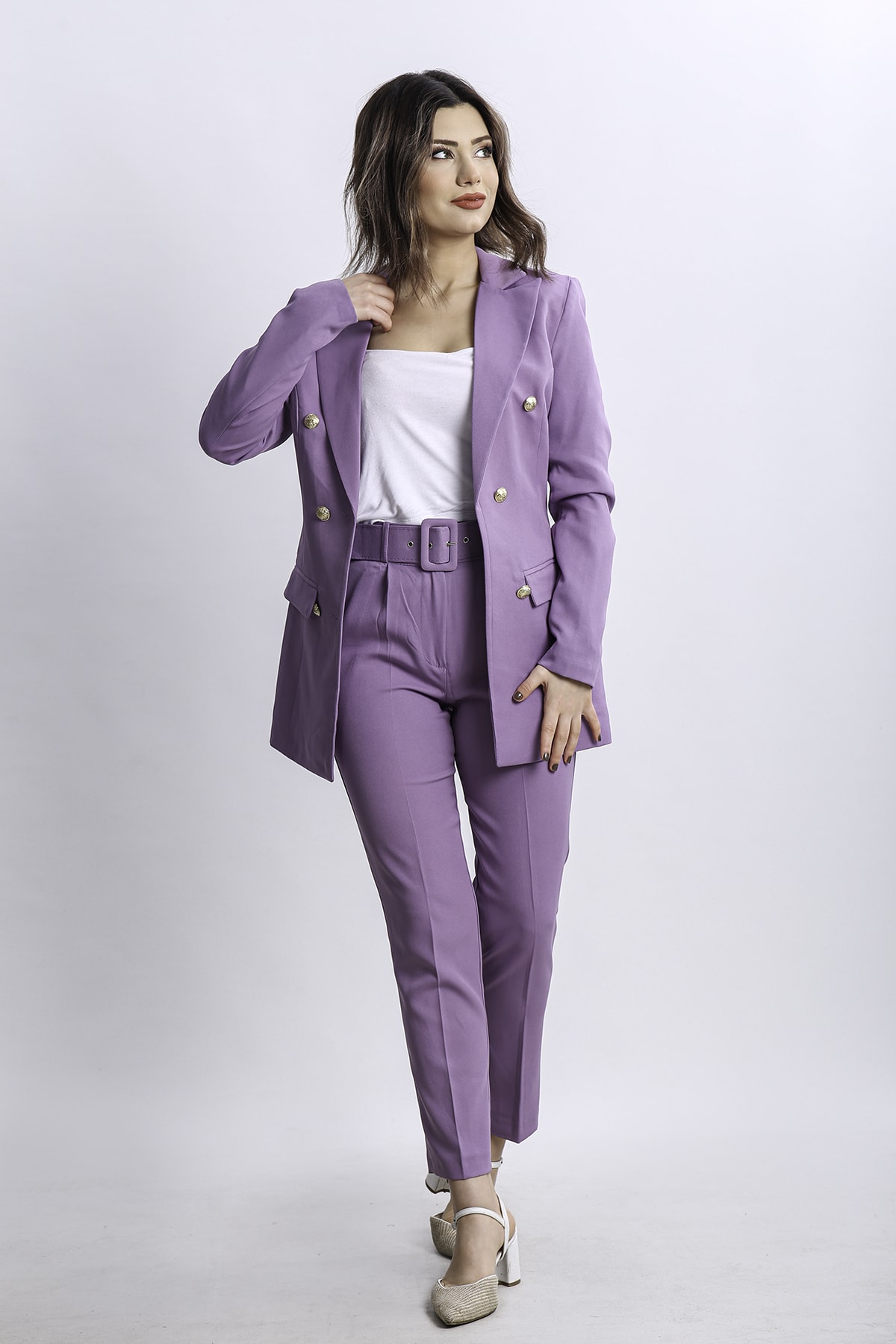Lalibertaa Mor Renk Cep Kapamalı Düğmeli Ceket Kemerli Pantolon Blazer Takım