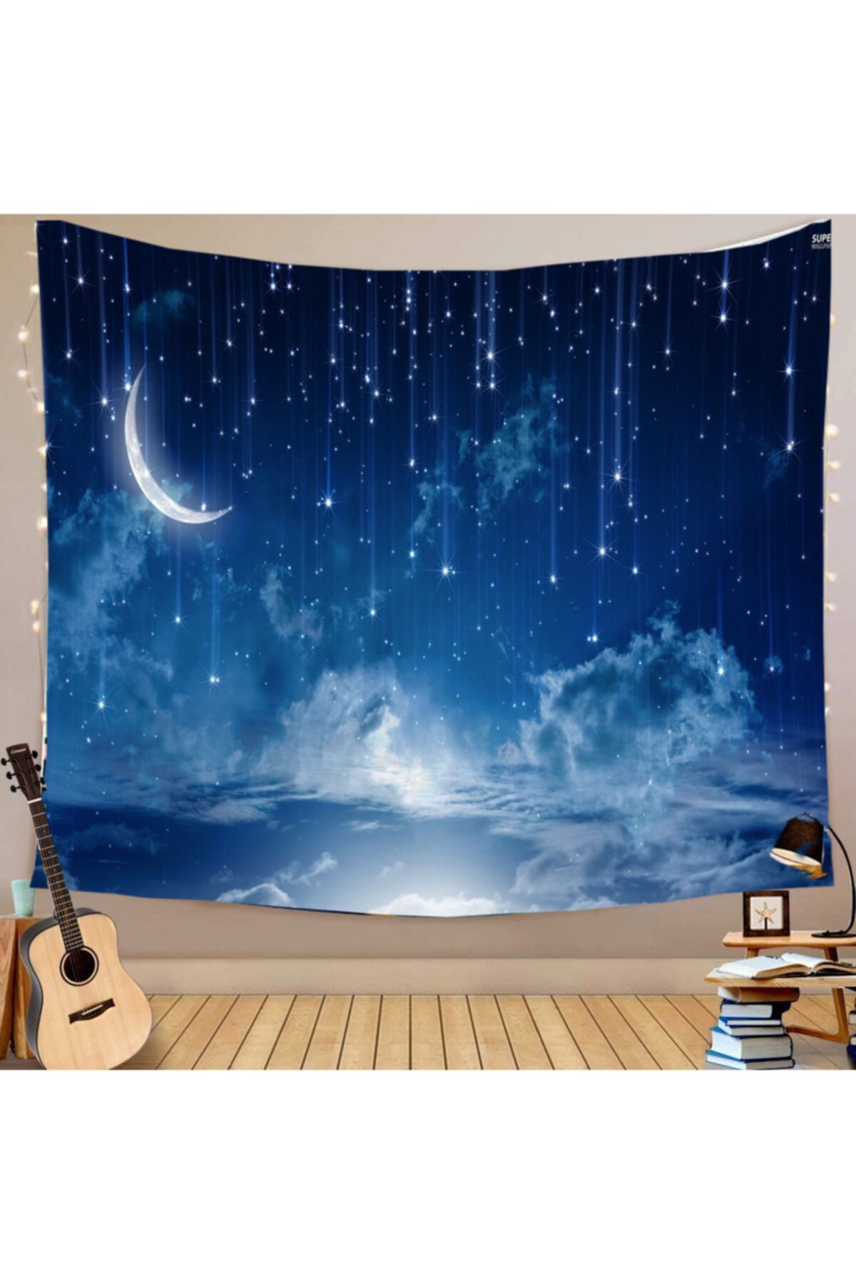 massare Gece Ay Ve Yıldızlar Manzaralı Duvar Halısı Örtüsü Tapestry
